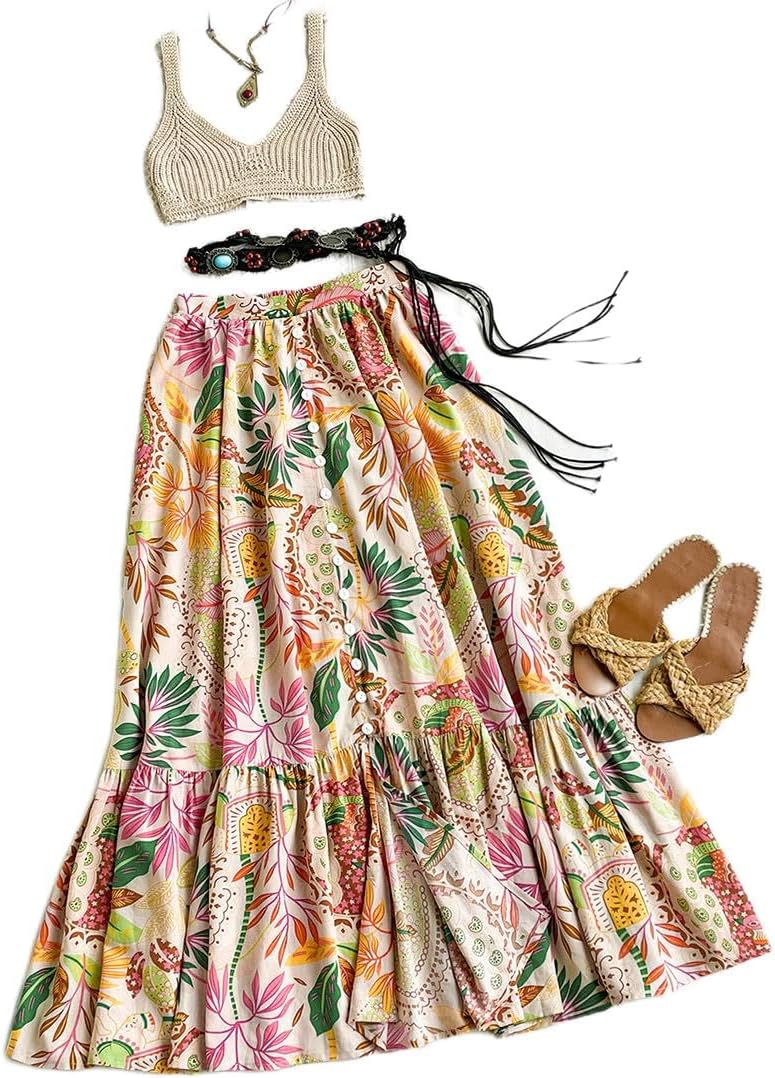 Take Two Women Floral Printed Button Front Split Hem Maxi Skirt,Multi,S