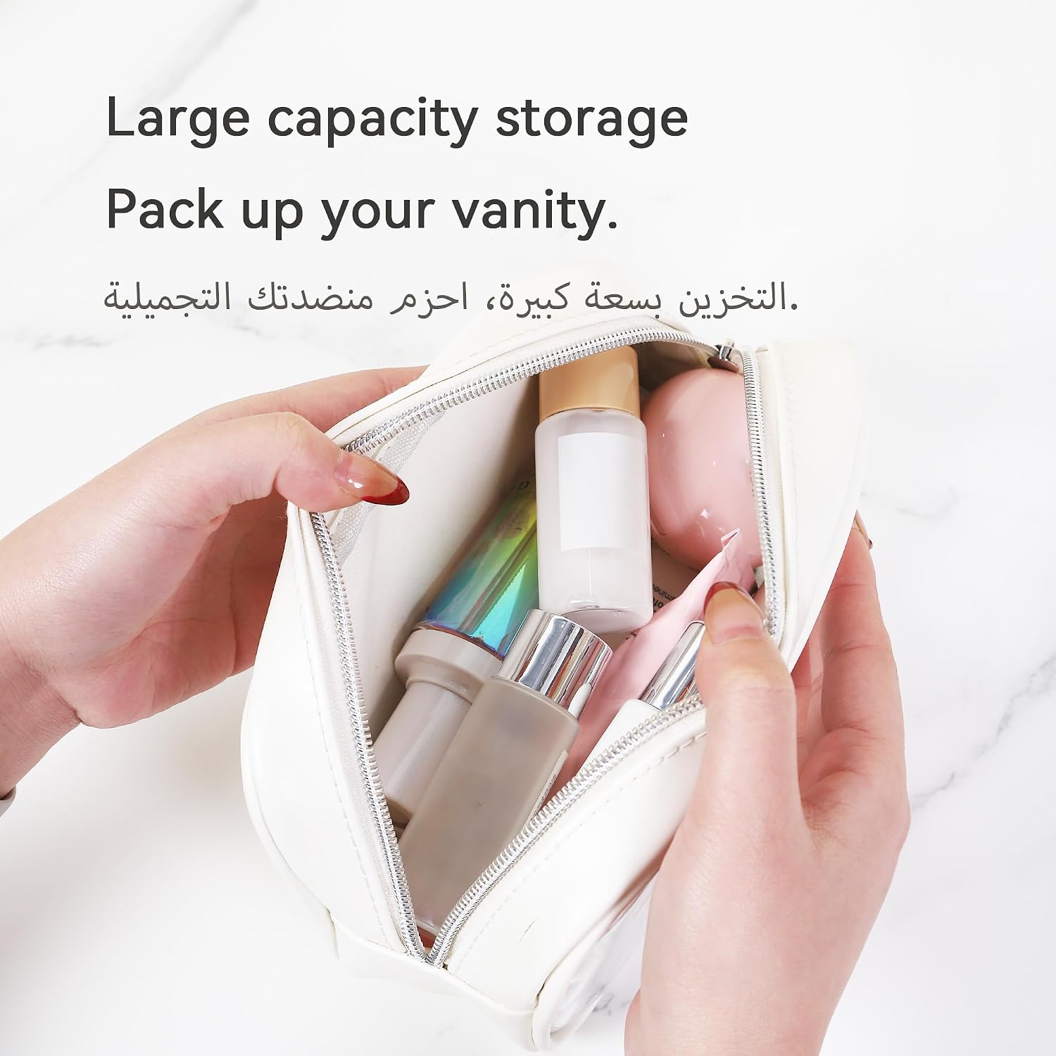 717gky2zs6L._AC_SL1500_ شنطة مكياج، شنطة مستحضرات تجميل شفافة، سعة كبيرة، تصميم مقاوم للماء، مقبض محمول (ابيض، S) - الصورة 2