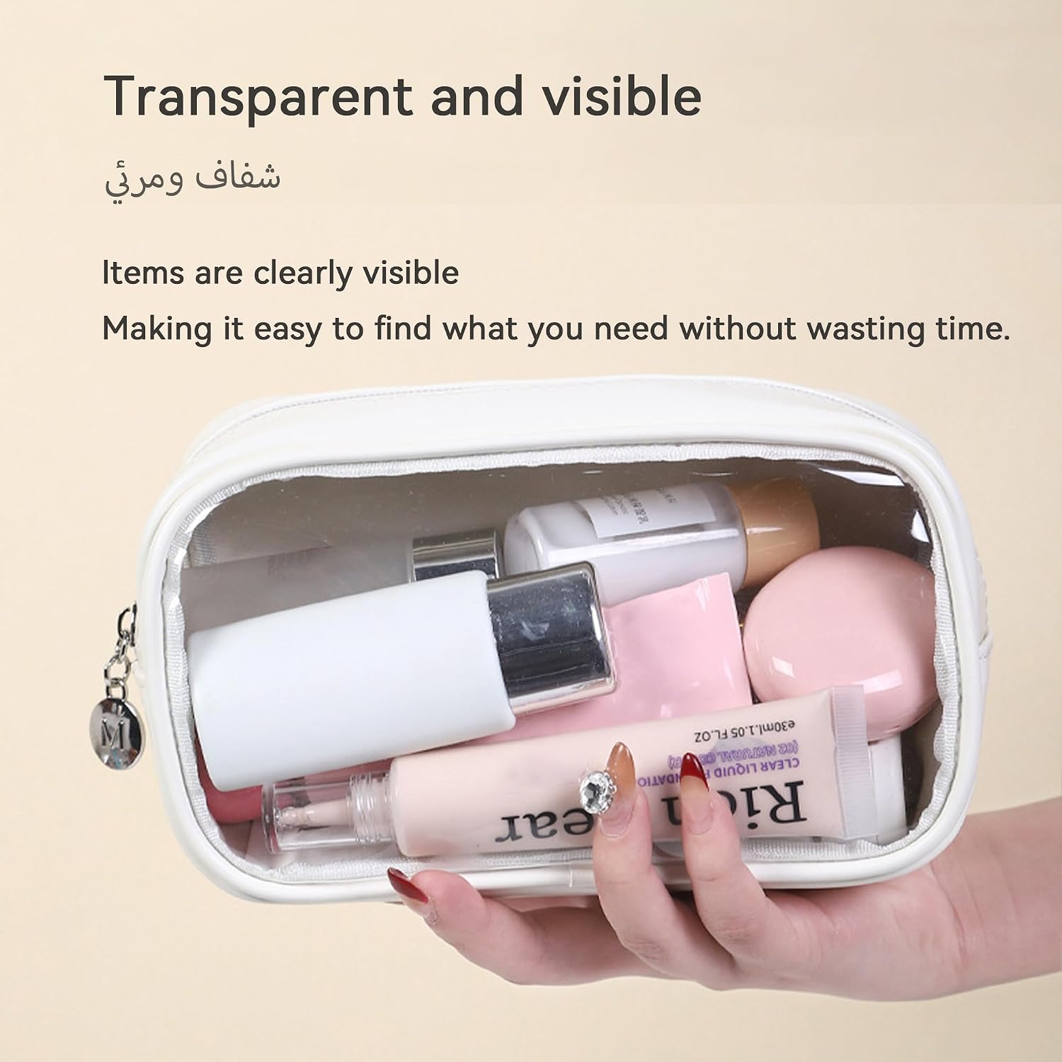 718F0GyOI-L._AC_SL1500_ شنطة مكياج، شنطة مستحضرات تجميل شفافة، سعة كبيرة، تصميم مقاوم للماء، مقبض محمول (ابيض، S) - الصورة 3