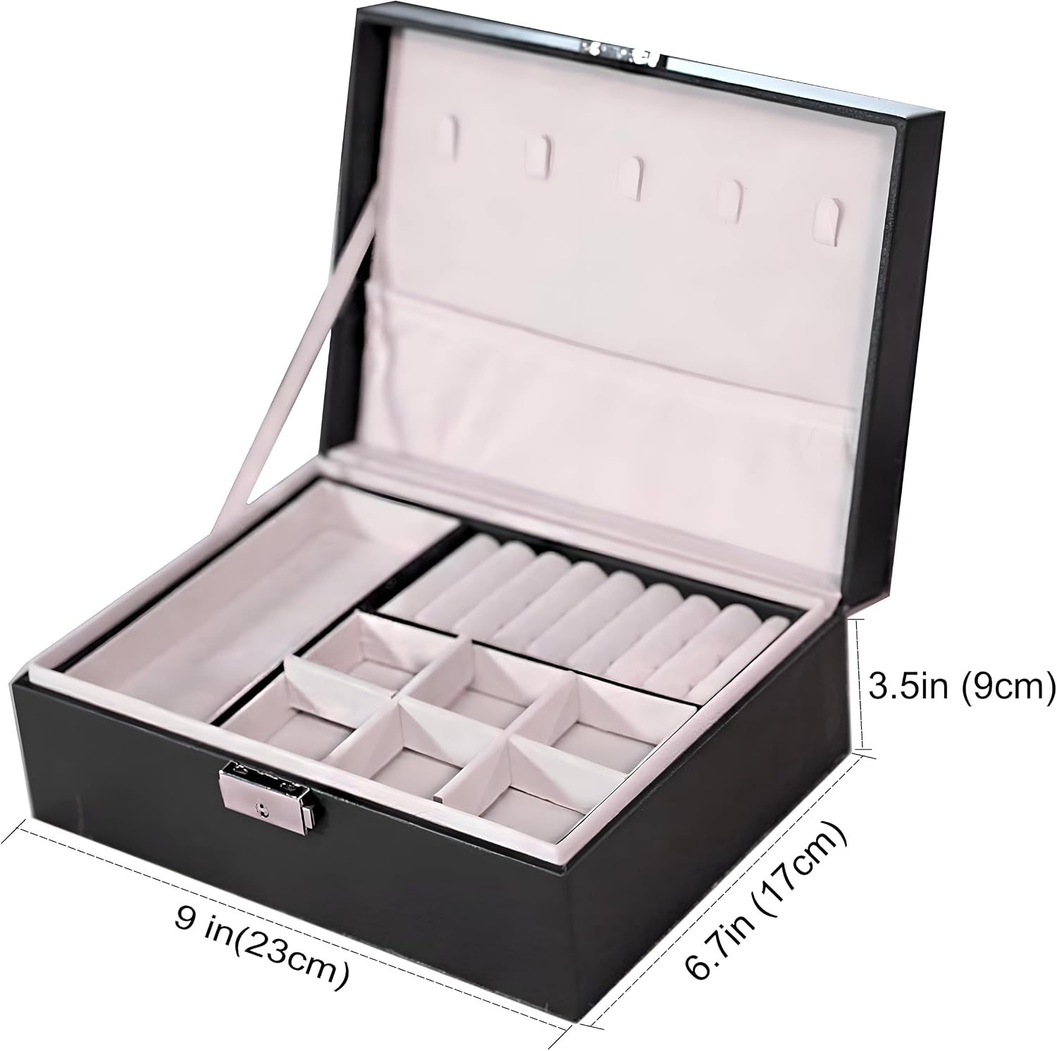 718mphQJ56L._AC_SL1500_ صندوق منظم اكسسوارات - حاوية تخزين مجوهرات من طابقين للنساء، هدية قيمة مع صينية قابلة للازالة لجميع مجوهراتك، جلد صناعي - الصورة 2