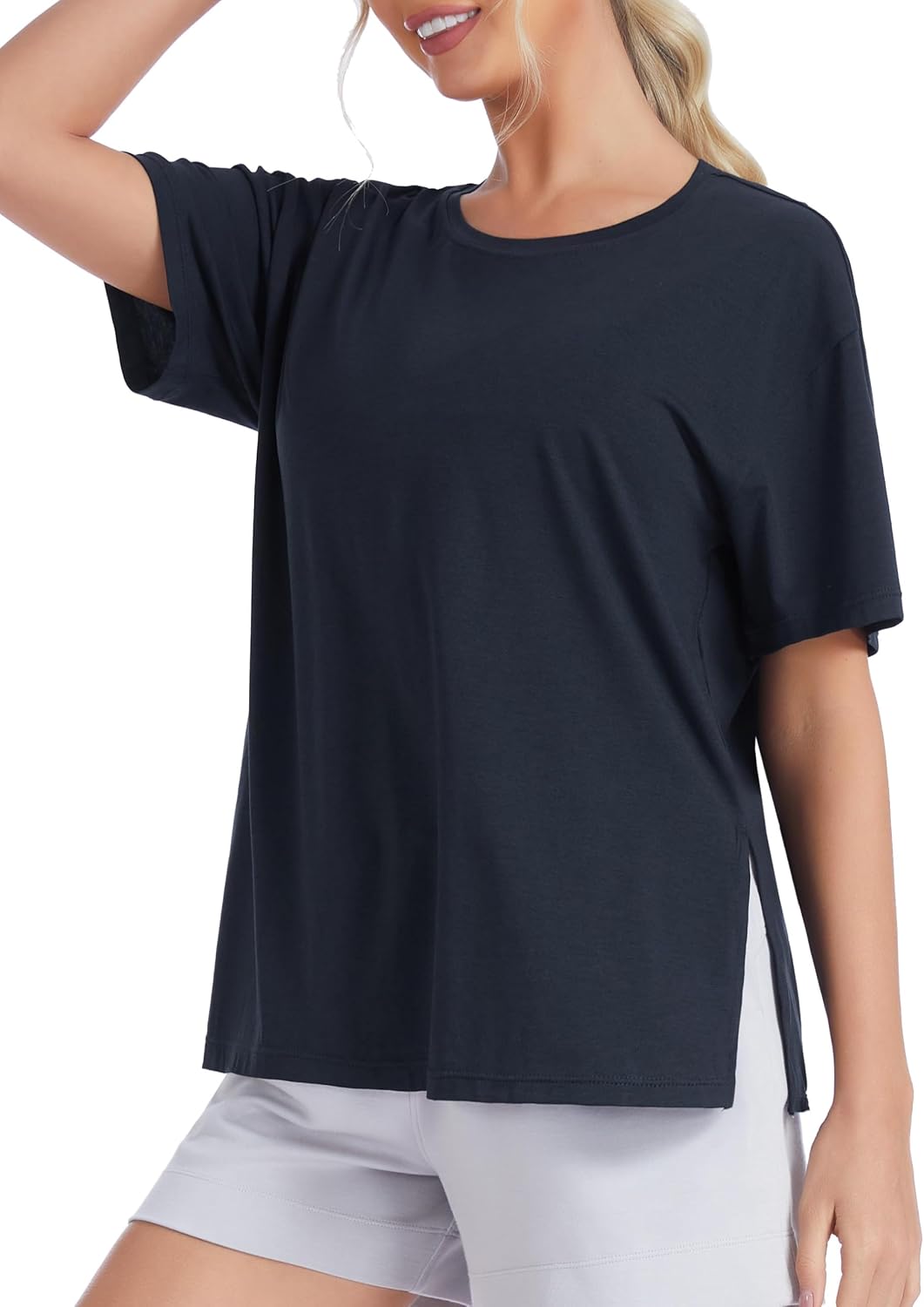 ذا جيم بيبول تي شيرت نسائي فضفاض باكمام قصيرة وقبة دائرية بدون طوق وفتحة جانبية من القطن | Soft Cotton, Side Slit, Crew Neck, Loose Fit, Drop Shoulder, Short Sleeves, Lightweight, Basic Summer Shirts for Gym, Daily