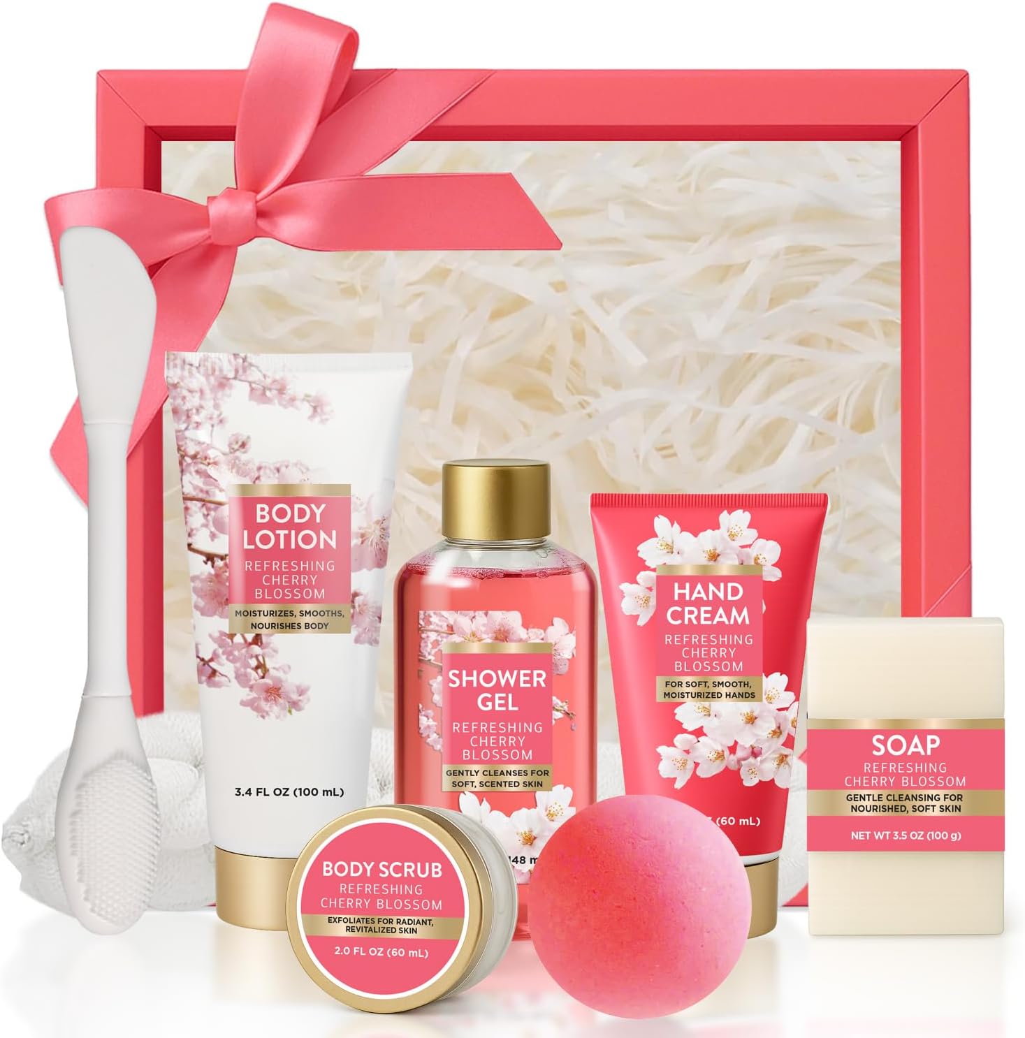 Gifts for Women 8pcs Cherry Blossom Spa Set, Bath and Body Self Care Gift | Bath Set with Face Mask Brush, Loofah, Gifts for Her