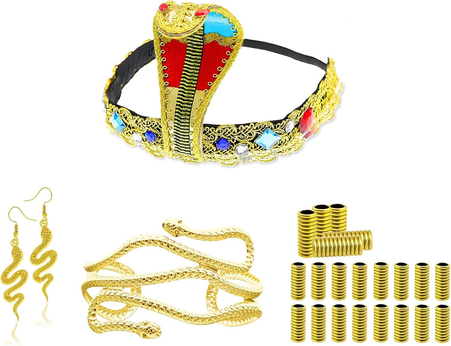 اكسسوارات ازياء مصرية، غطاء راس مصري، 25 قطعة من اكسسوارات زي كليوباترا المصرية، قطعة راس ثعبان ذهبية للذراع، مجموعة مجوهرات للنساء والفتيات