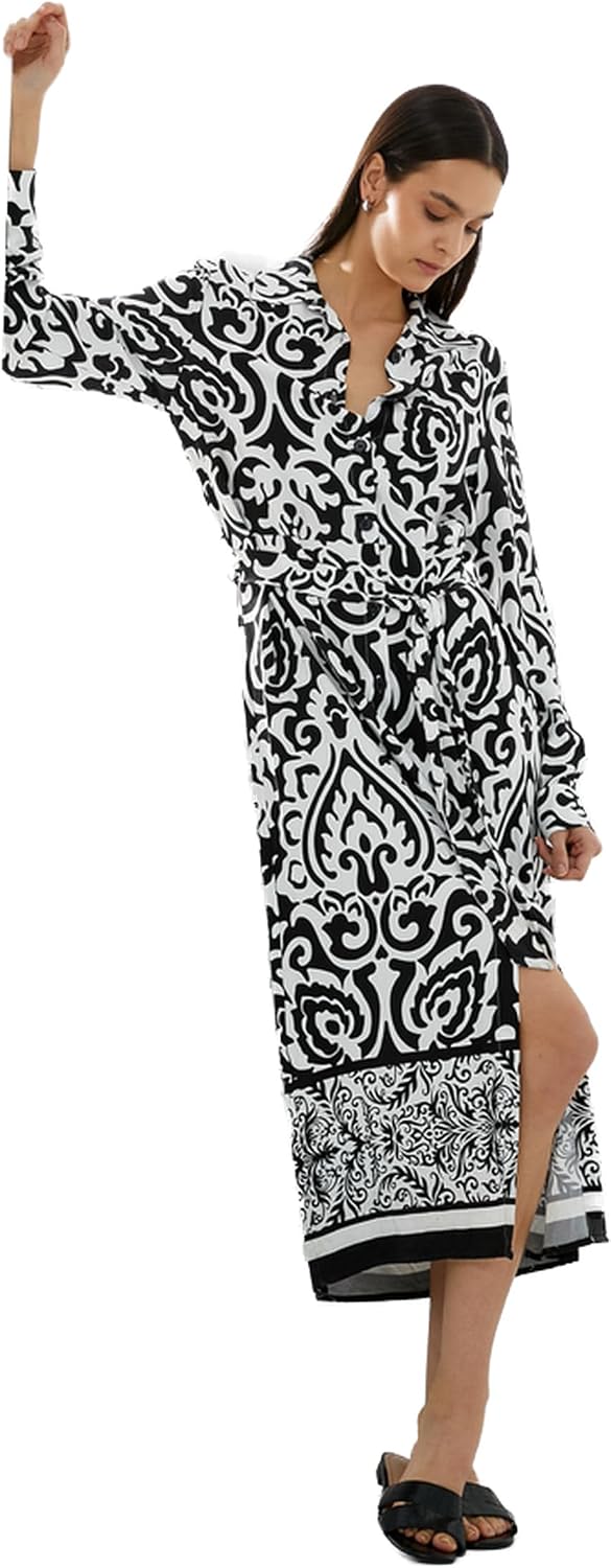 KOTON womens Long Sleeve Buttoned Belted Ethnic Patterned Midi Dress