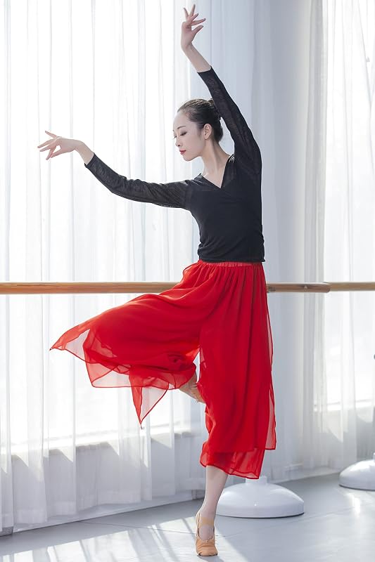 71EY1JGiP7L._AC_SL800_ Angcoco Women's Loose Fit Double Layered Side Slit Chiffon Pants for Dance Training - الصورة 4