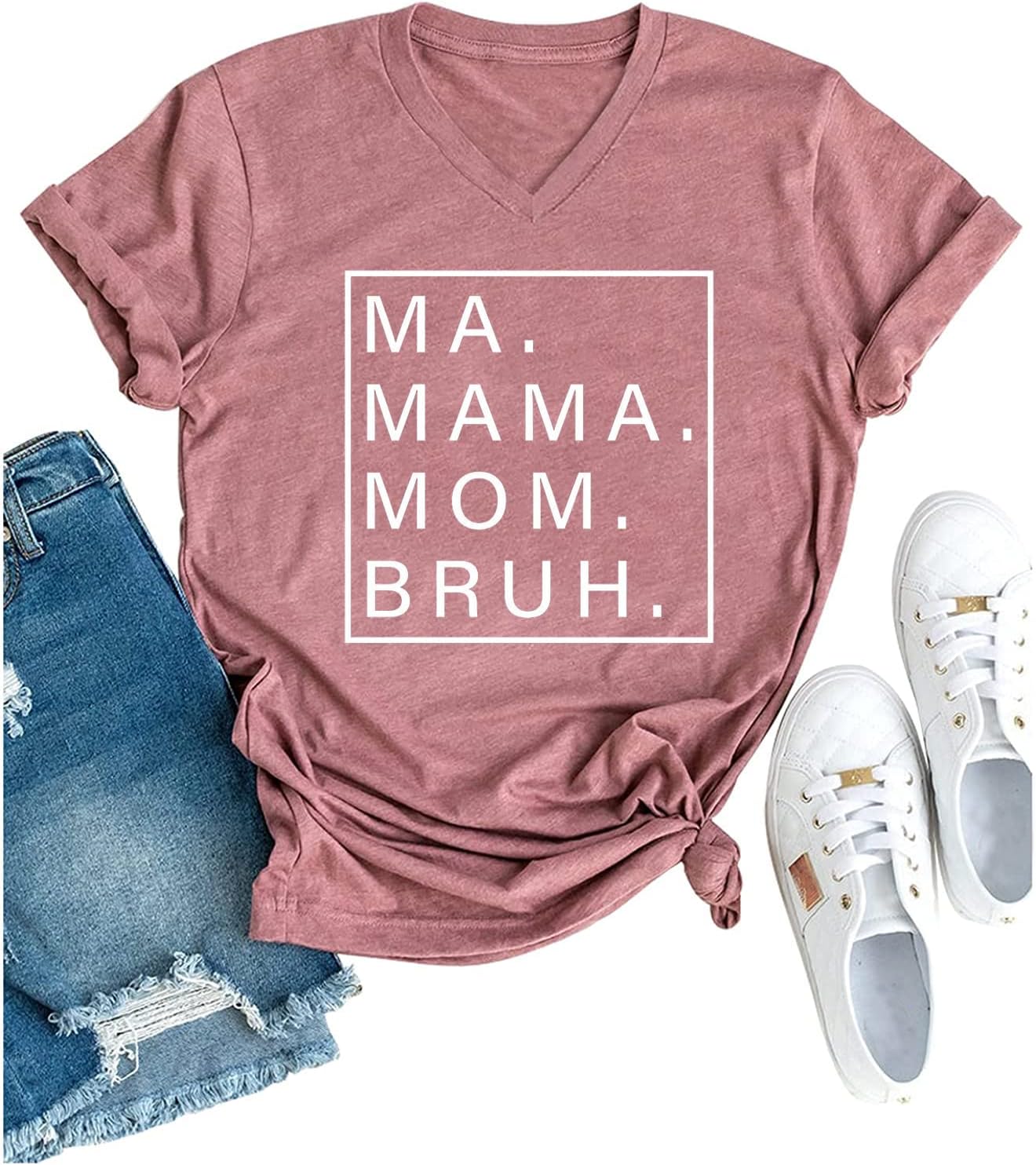 تي شيرت Mama Mommy Mom Bruh للنساء كاجوال برقبة على شكل حرف V وأكمام قصيرة تي شيرت مضحك للأم تي شيرت الحياة