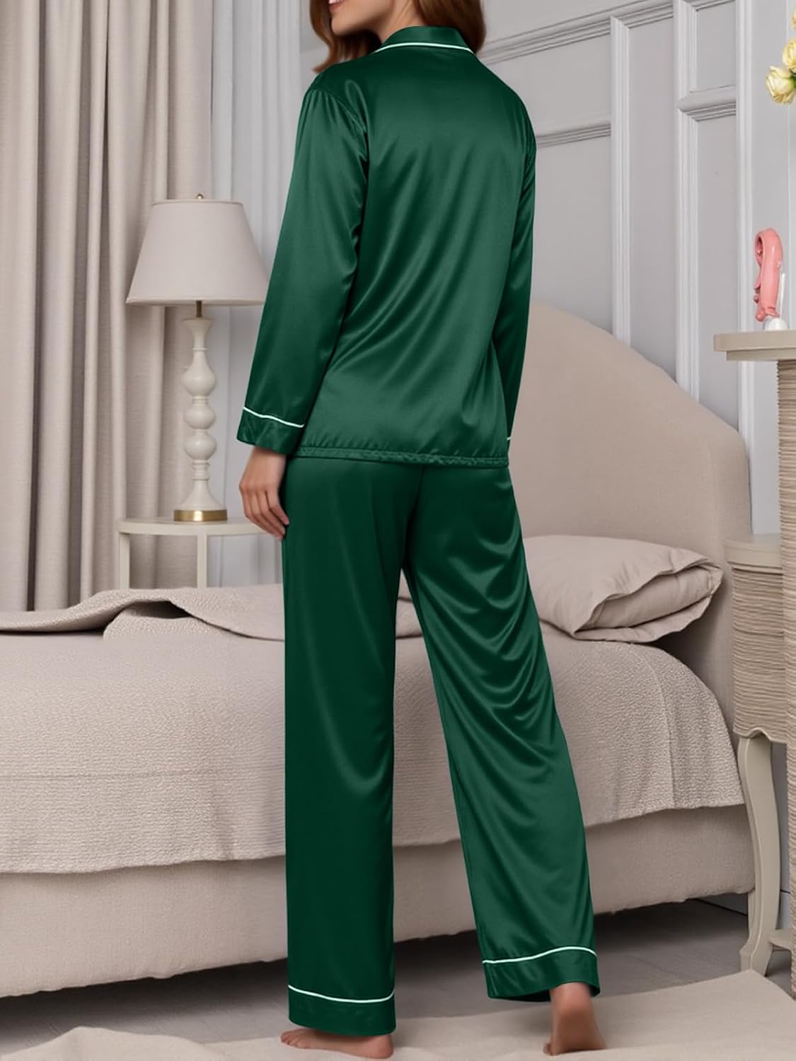 71GkvFq7swL._AC_SL1500_ Women’s Silk Satin Pajama Set, Long Sleeve Button Down Sleepwear with Pockets, Classic Piping Loungewear 2 Piece Lounge Pjs - الصورة 4