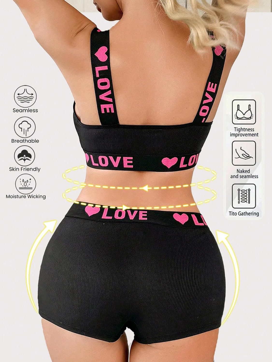 71Hn89yTOGL._AC_SL1500_ طقم ملابس داخلية رياضية للنساء مزود بحمالة صدر بسحّاب أمامي وطبعة LOVE، مع شورت متناسق، مصنوع من خامة ناعمة ومرنة توفر الراحة، مناسب للأنشطة الرياضية والارتداء اليومي - الصورة 4