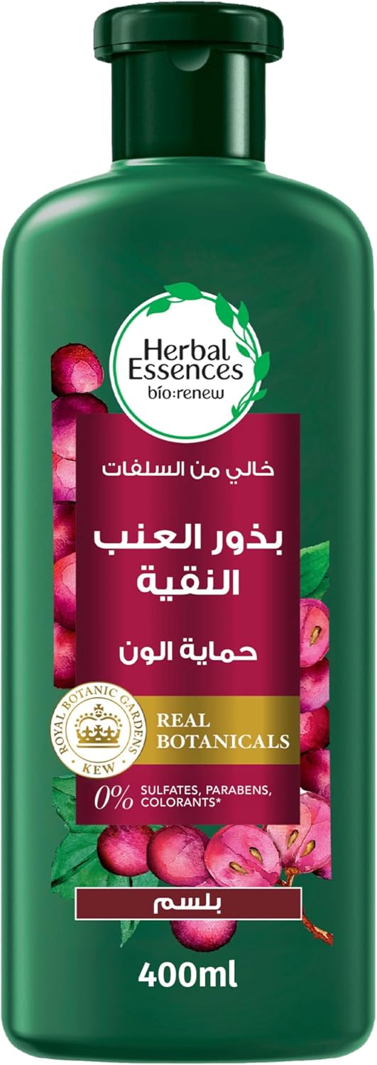 سائل من هيربل إيسنسز للشعر الملون 400 مليلتر لحماية اللون يحتوي على بذور العنب خالٍ من الكبريتات والبارابين مغذي وغني بمضادات الأكسدة