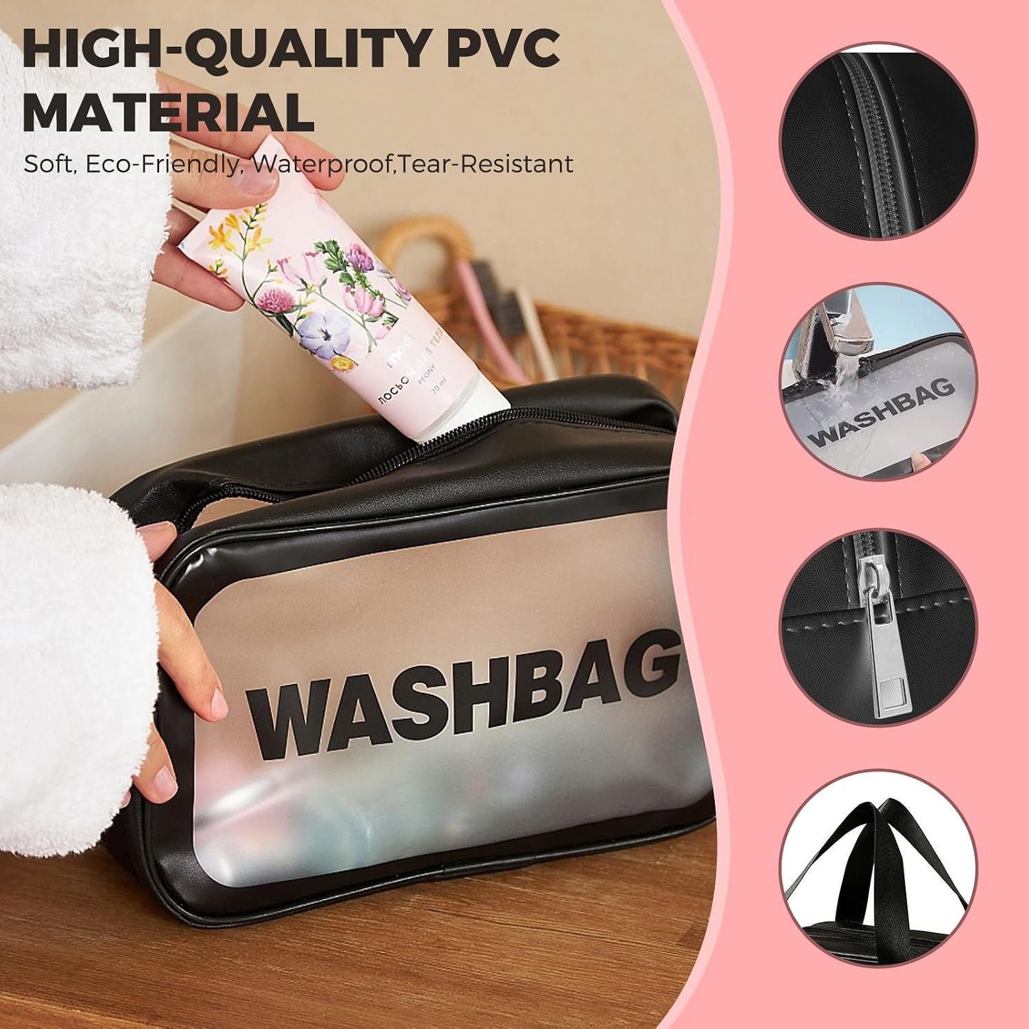 71P1JEYnyjL._AC_SL1500_ شنطة مستحضرات تجميل شفافة للسفر للنساء من ووبرو، 3 عبوات من حقائب ادوات الزينة مع سحابات اساسيات السفر، شنطة مستحضرات تجميل شفافة مقاومة للماء من بلاستيك PVC للفتيات - الصورة 3