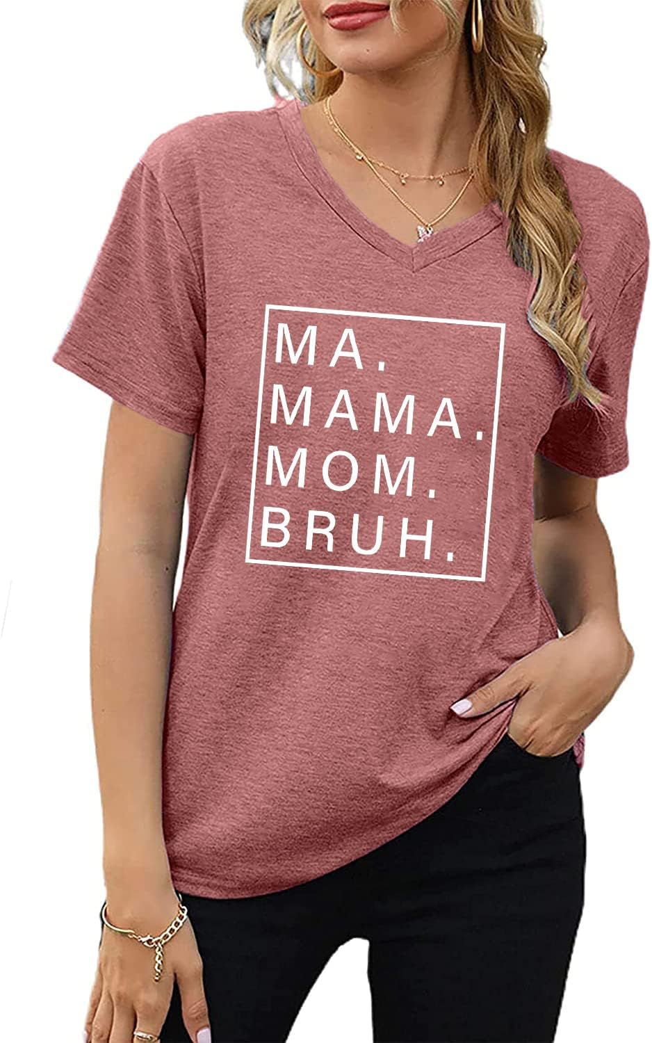 71PX0Plm6WL._AC_SL1500_ تي شيرت Mama Mommy Mom Bruh للنساء كاجوال برقبة على شكل حرف V وأكمام قصيرة تي شيرت مضحك للأم تي شيرت الحياة - الصورة 3
