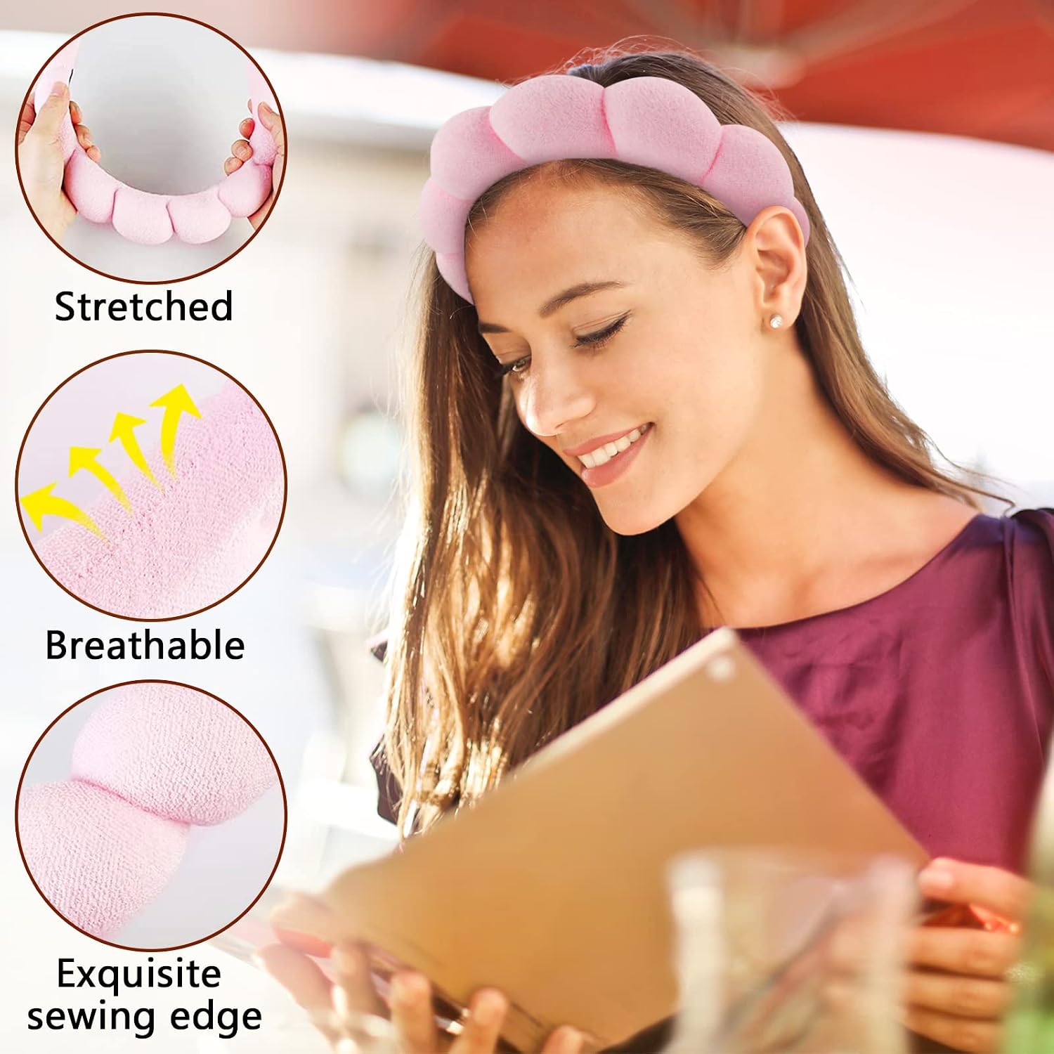 71SBctZrEXL._AC_SL1500_ طوق شعر للنساء، طوق شعر للمنتجعات الصحية، طوق شعر للمكياج وغسل الوجه، والعناية بالبشرة، وإزالة المكياج، إكسسوارات شعر، قماش إسفنجي وفوطة من هتابر - الصورة 4