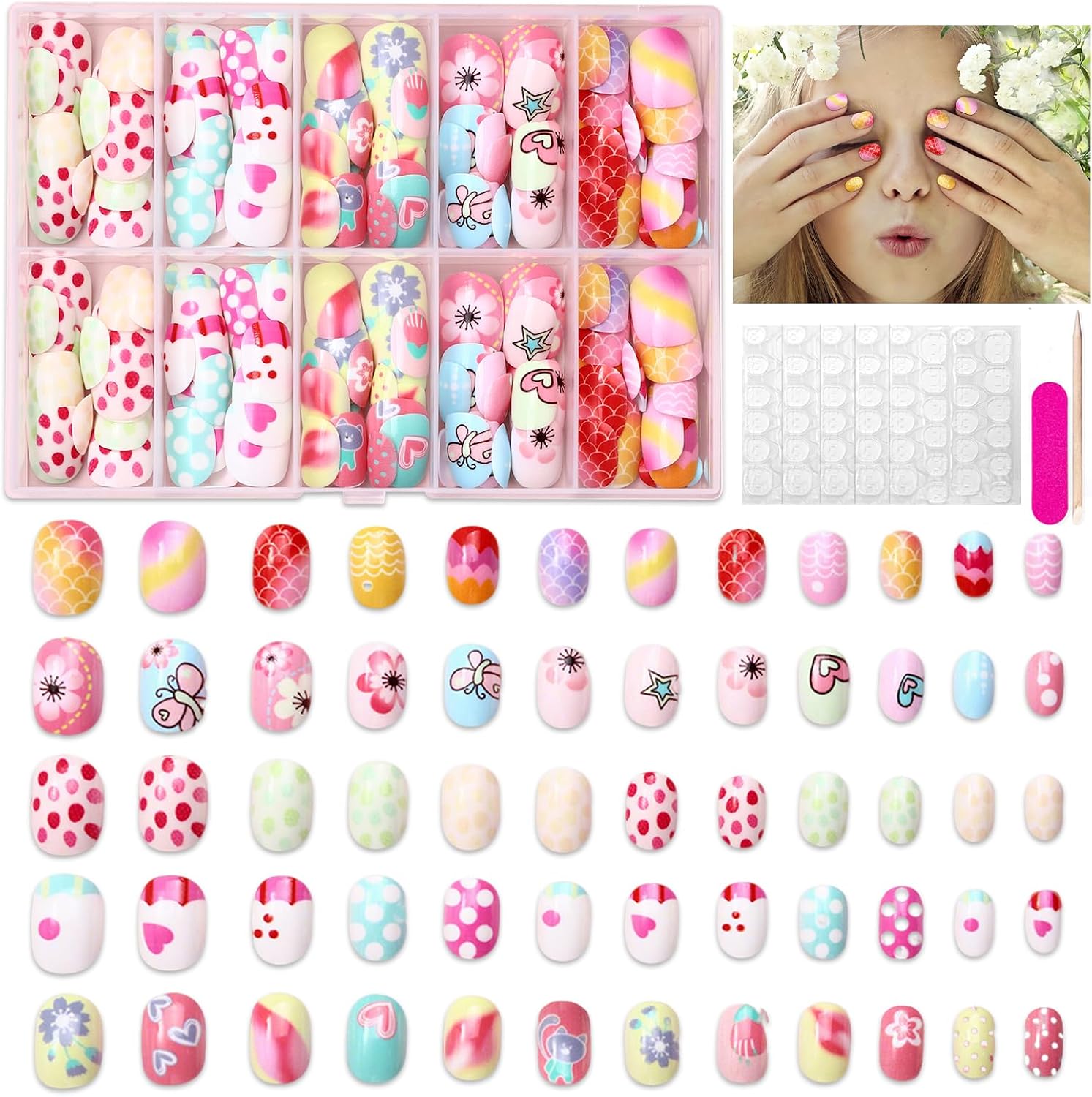 YelaJoy 120Pcs Kids Press on Nails, Pre-glue Short Acrylic Full Cover False Nails, Butterfly Sparkle Mermaid Design DIY Nail Art Kits for Little Girls Children, Safe Non-Toxic for Dress Up