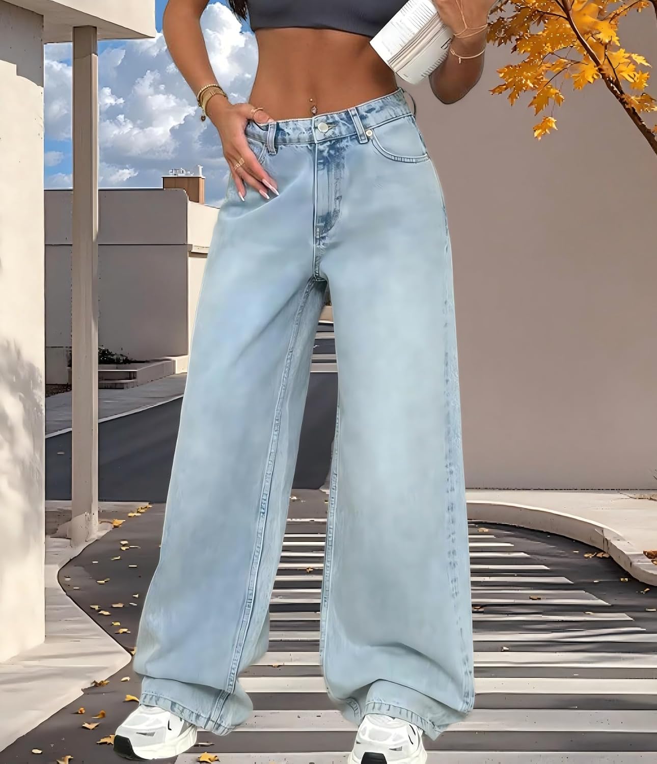 سروال جينز Y2K بأرجل واسعة للنساء بخصر مرتفع وقصة مستقيمة من الدنيم بتصميم كلاسيكي