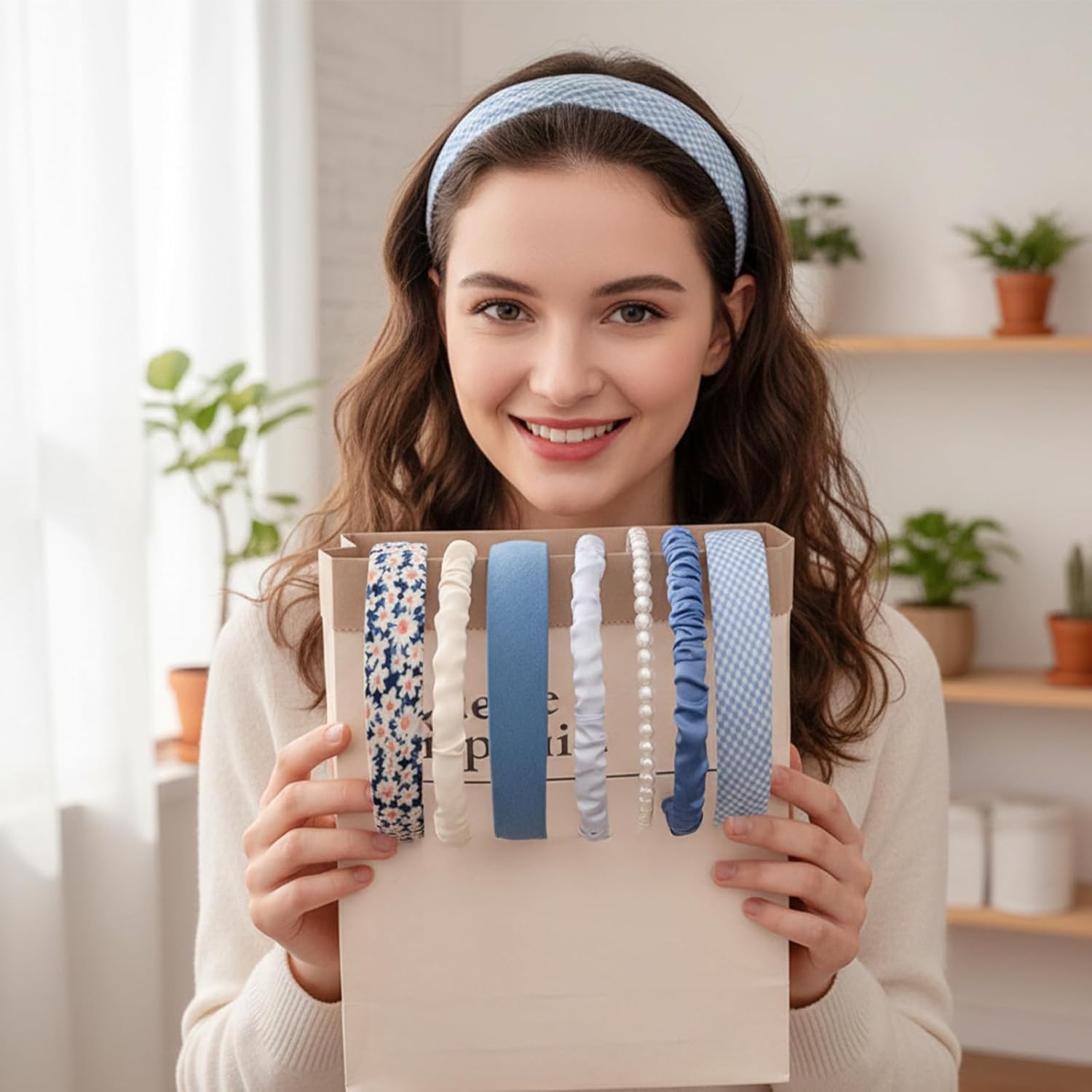 7 قطع من عصابات الشعر للنساء - عصابات شعر عصرية لؤلؤية، اكسسوارات عصابة راس عريضة مختلفة غير قابلة للانزلاق للارتداء اليومي والسفر (ازرق)