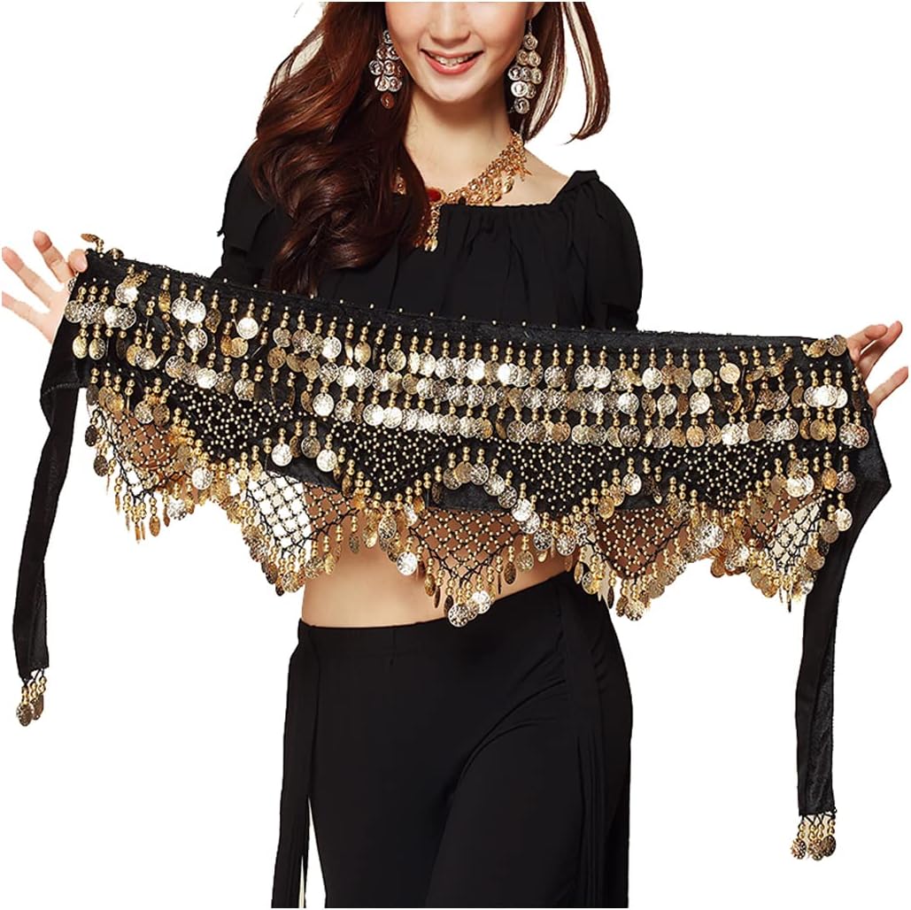 Wuchieal Women's Sweet Bellydance Hip Scarf with Gold Coins Skirts Wrap Noisy, Black, One Size