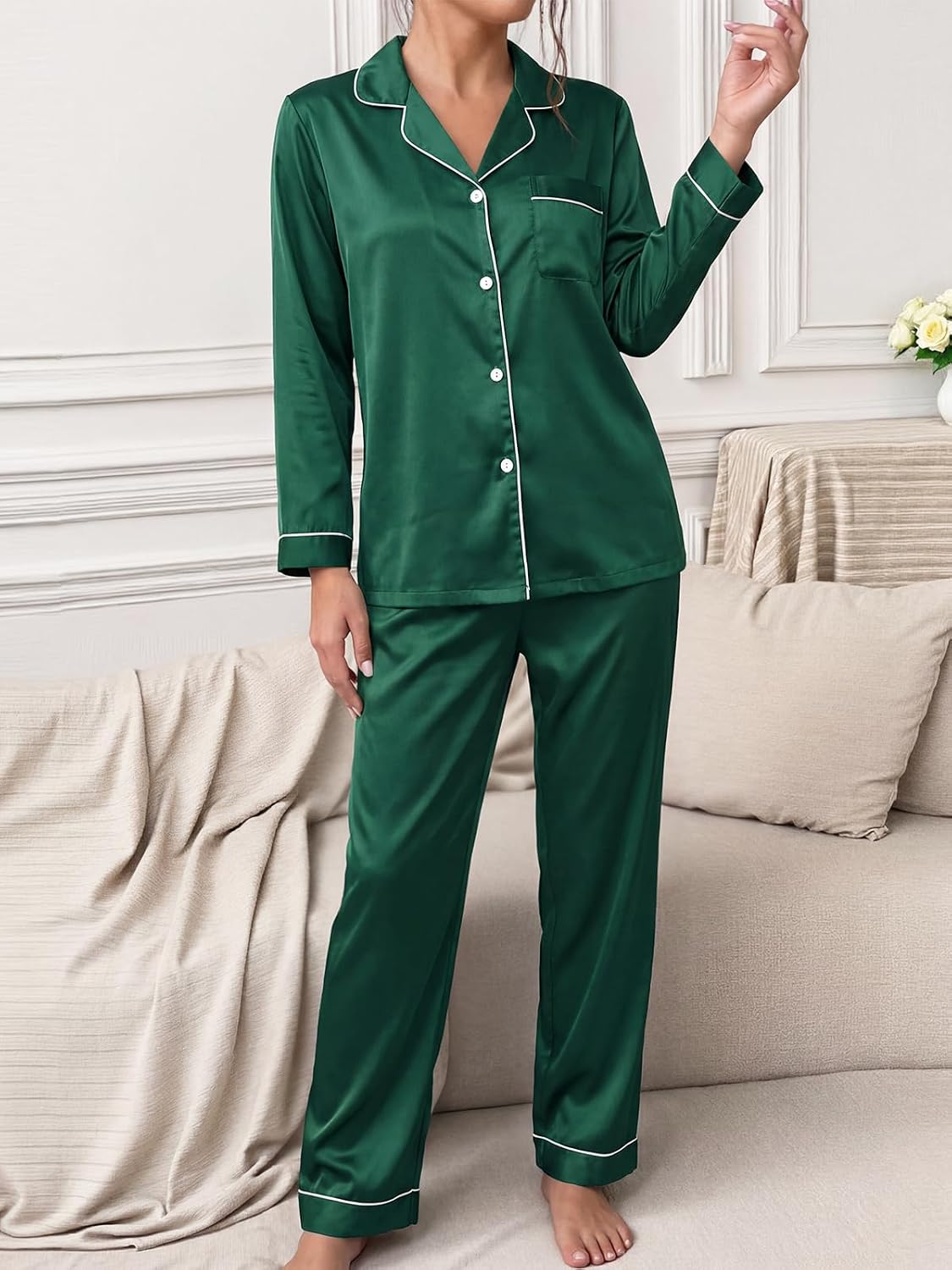 71WZEoYrK5L._AC_SL1500_ Women’s Silk Satin Pajama Set, Long Sleeve Button Down Sleepwear with Pockets, Classic Piping Loungewear 2 Piece Lounge Pjs - الصورة 3