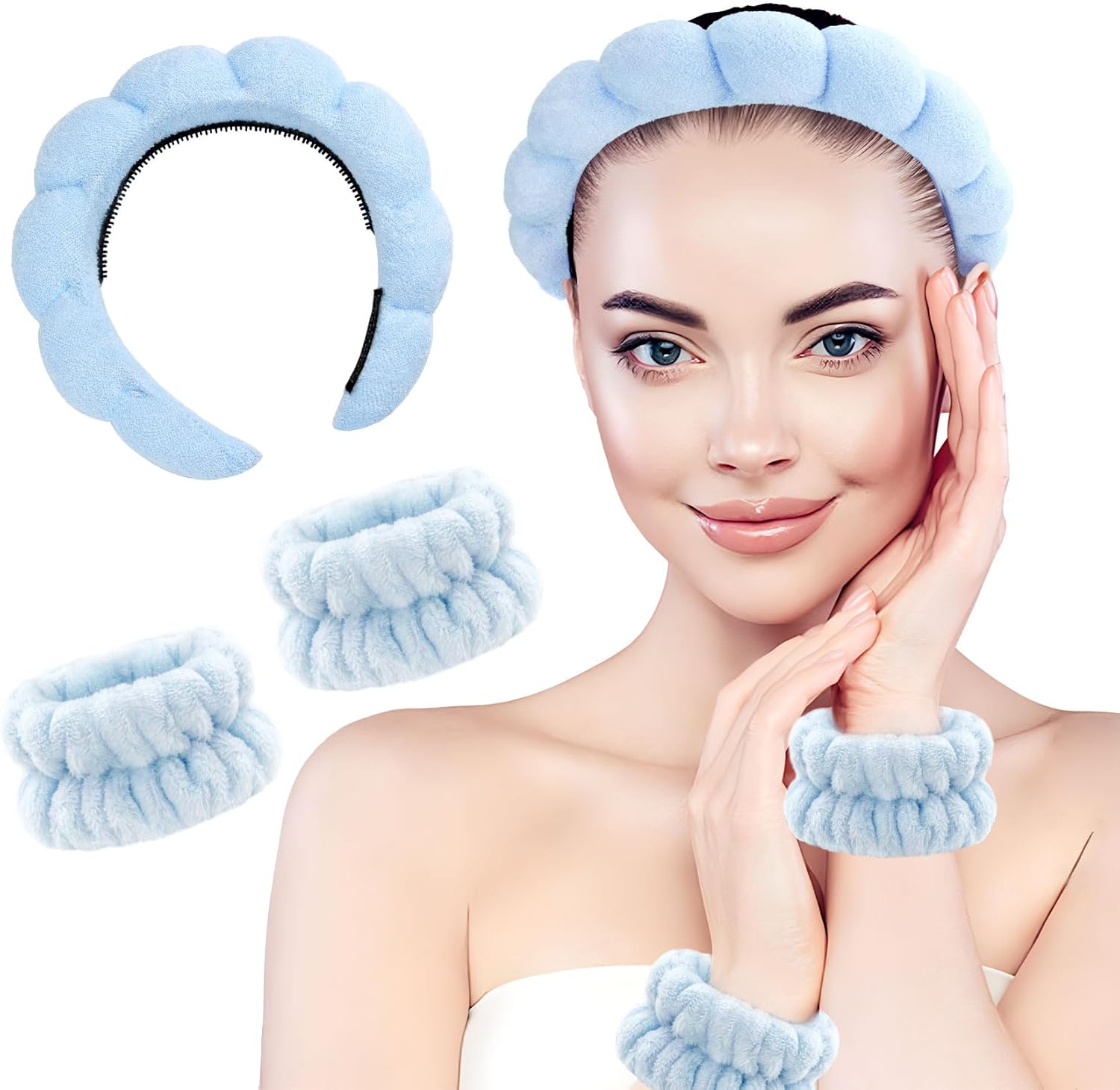 طوق شعر للعناية بالبشرة، شريط راس بتصميم فقاعات للعناية بالبشرة، شريط شعر للمكياج، شريط راس للمكياج، شريط راس فقاعات، شريط راس للسبا، شريط راس للعناية بالبشرة مع سوار، ازرق