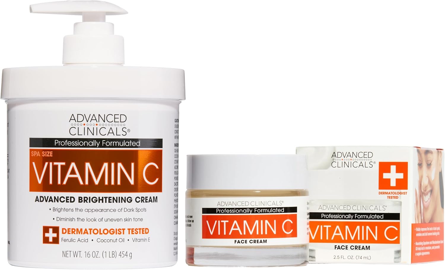 Advanced Clinicals Brightening Vitamin C Body Cream + Potent Vitamin C Face Moisturizer Gel Cream 2pc Skincare Set For Women & Men To Diminish Appearance Of Dark Spots, Wrinkles, & Dry Skin, 2pc Set