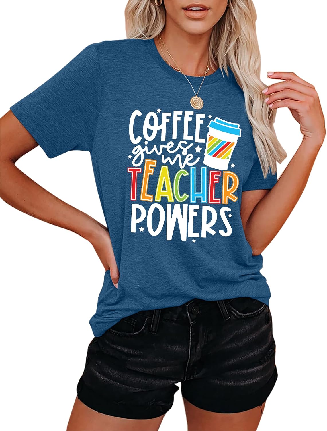71dMDFq3iuL._AC_SL1500_ تيشرتات المعلمين للنساء، تي شيرت مطبوع عليه عبارة «Coffee Give Me Teacher Powers» - الصورة 3