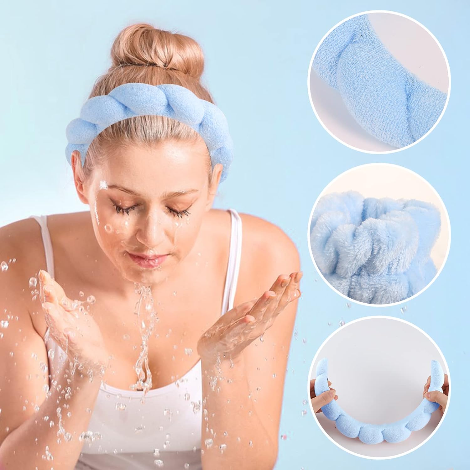 71drq45vdoL._AC_SL1500_ أربطة للرأس إسفنجية للنساء، طقم طوق رأس للمكياج وغسل الوجه والاستحمام وإزالة المكياج والعناية بالبشرة وسوار معصم للغسيل، لون أزرق | Blue Hair Headband and Wristband Gifts for Women Teen Girl Stocking Stuffers - الصورة 3