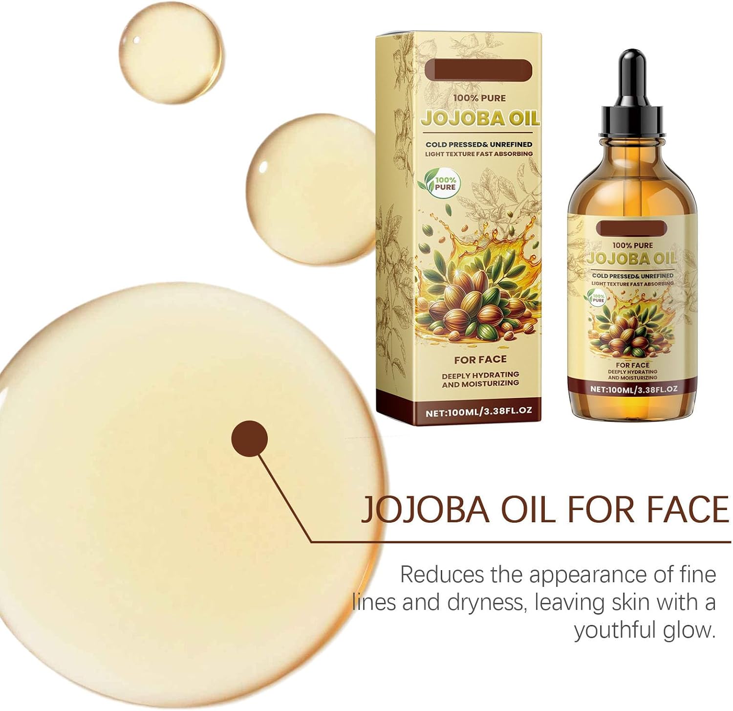 Organic Jojoba Oil Cold Pressed 100ml, 100% Pure World Natural Jojoba Oils Vegan for Skin, Nails, Hand, Body and Face, Women's Face Moisturizing, Brightening and Firming Care, Vitamin C Oil