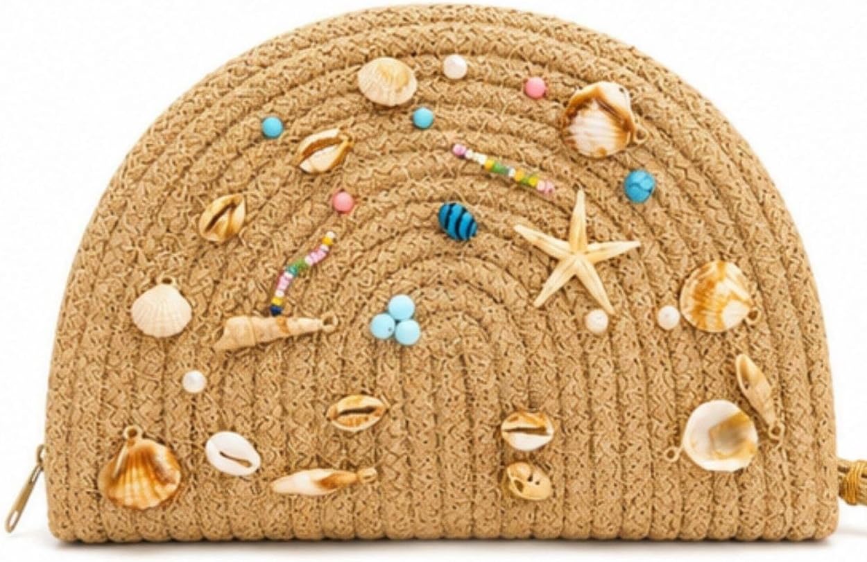 Handmade Crochet Straw Clutch Bag for Women – Boho Beach Wristlet Purse with Seashell & Beaded Decoration – Summer Woven Handbag