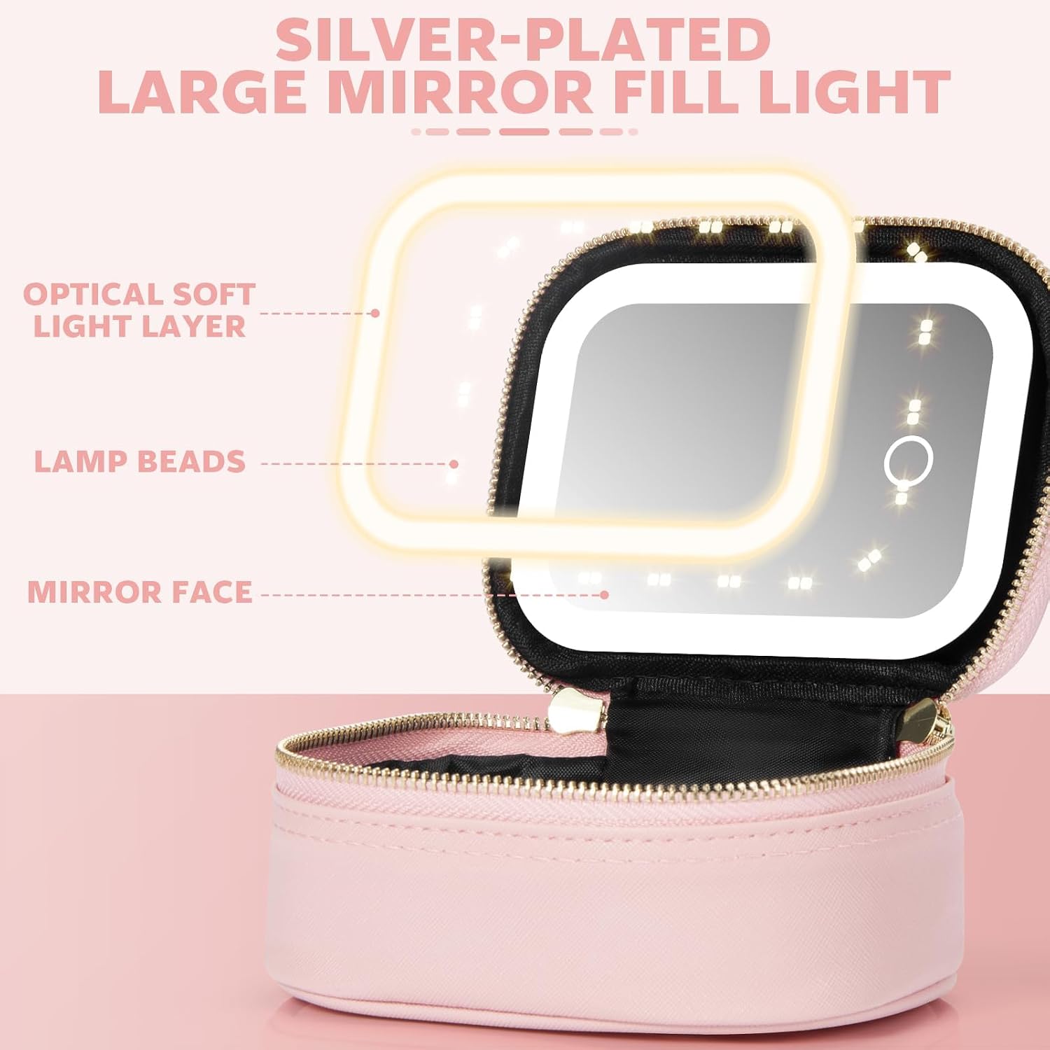 71iyxmzqrYL._AC_SL1500_ شنطة مكياج صغيرة مع مراة وضوء، شنطة مستحضرات تجميل صغيرة للسفر مع 3 اوضاع سطوع، صندوق منظم ادوات تجميل محمول للنساء، جلد صناعي لتخزين مستحضرات التجميل - الصورة 4