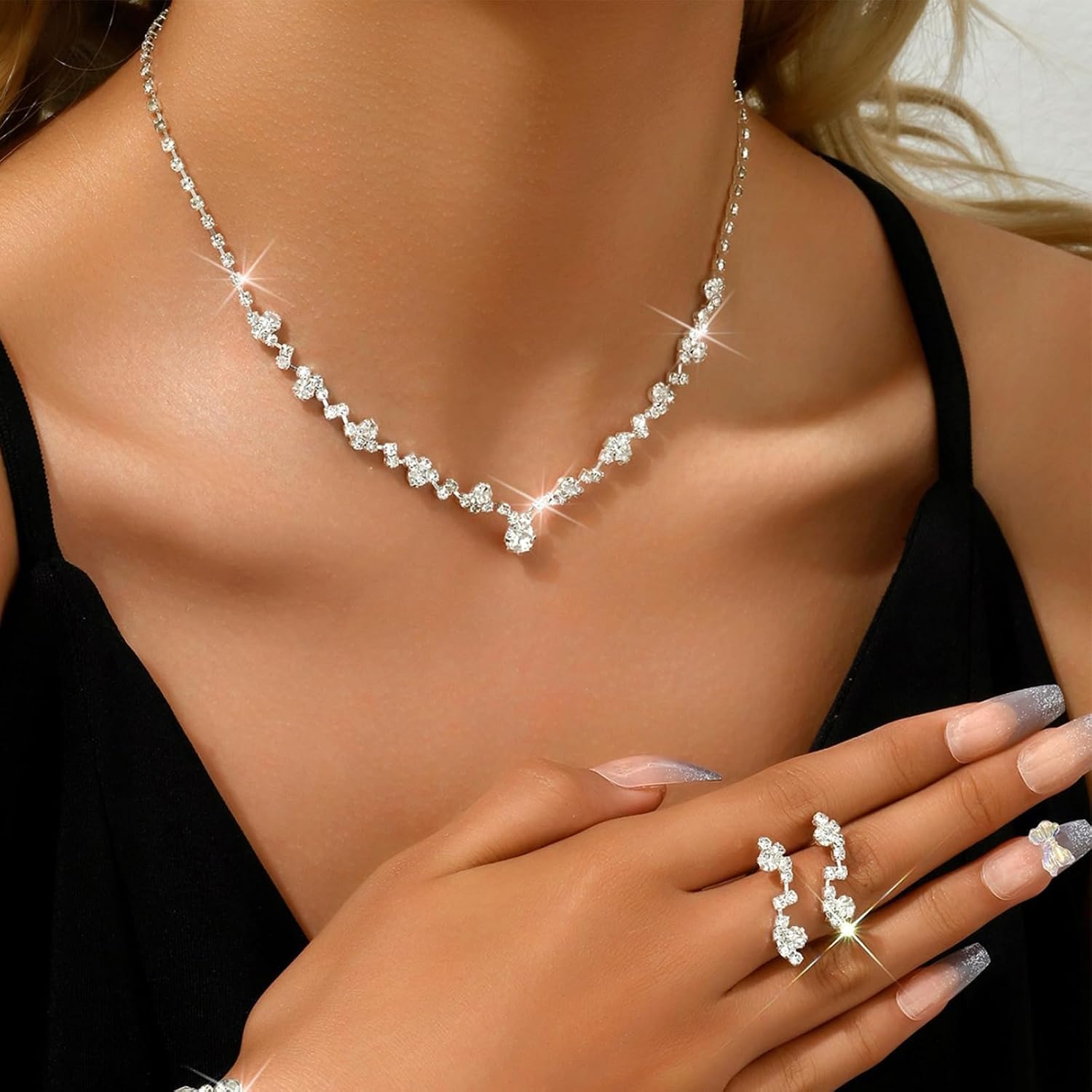 71kpx5-Yl0L._AC_SL1500_ Silver Prom Jewelry Set Rhinestone Necklace Earrings Bracelet Set Costume Jewelry for Women Prom Dress Accessories Wedding Guest Dresses for Women Party Outfits fall fashion jewelry womens fashion - الصورة 2
