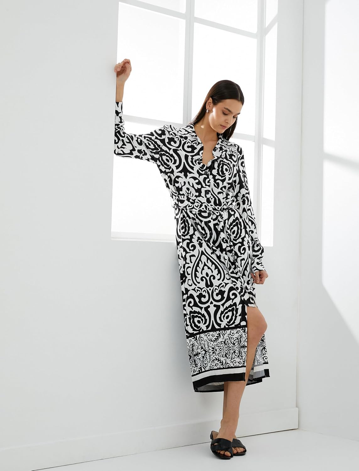 71lOdBNTWeL._AC_SL1500_ KOTON womens Long Sleeve Buttoned Belted Ethnic Patterned Midi Dress - الصورة 2