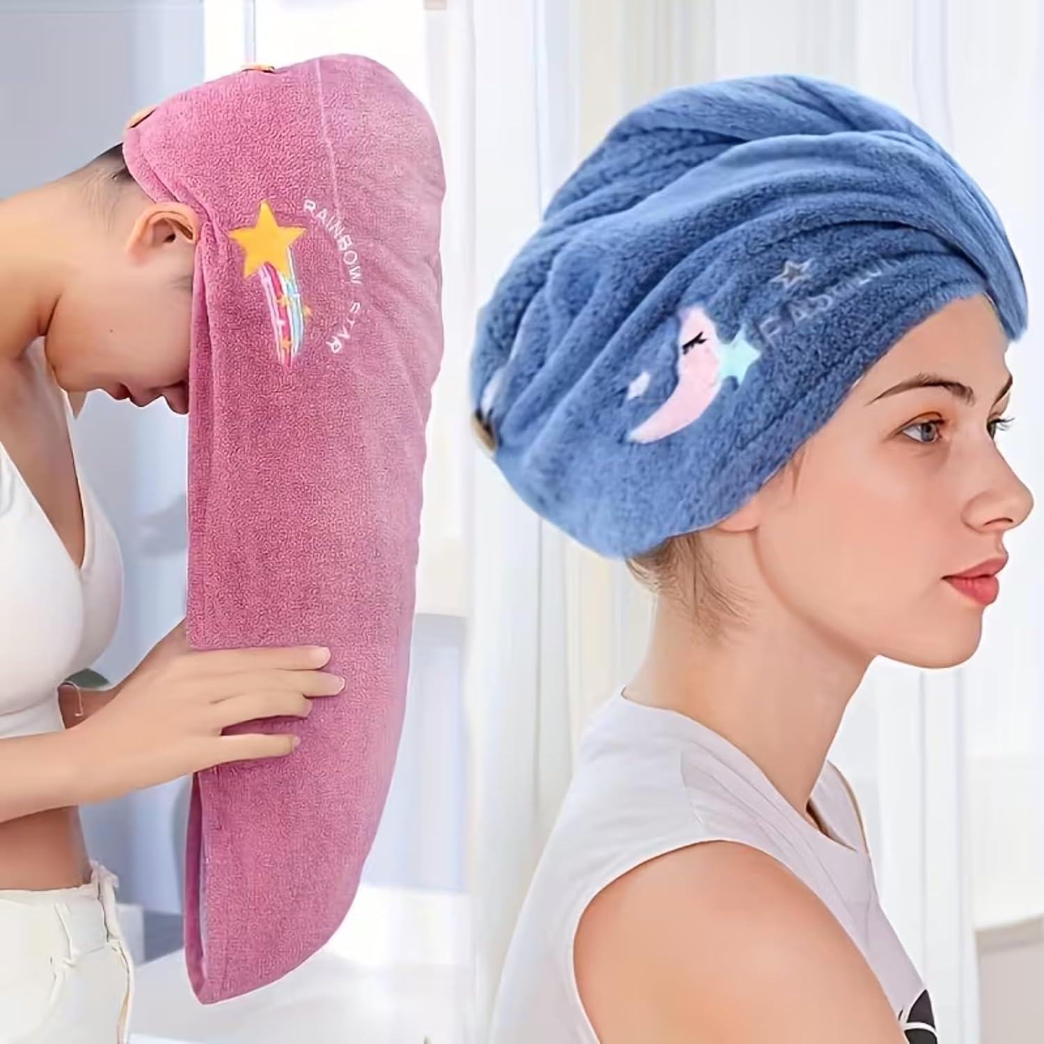 71luieyO4DL._AC_SL1500_ عمامة شعر مطرزة بشكل قمر ونجوم لطيفة، قبعة شعر من المايكروفايبر فائقة الامتصاص وسريعة الجفاف، منشفة تجفيف الشعر الطويل بتصميم زر للاستحمام للنساء - الصورة 3