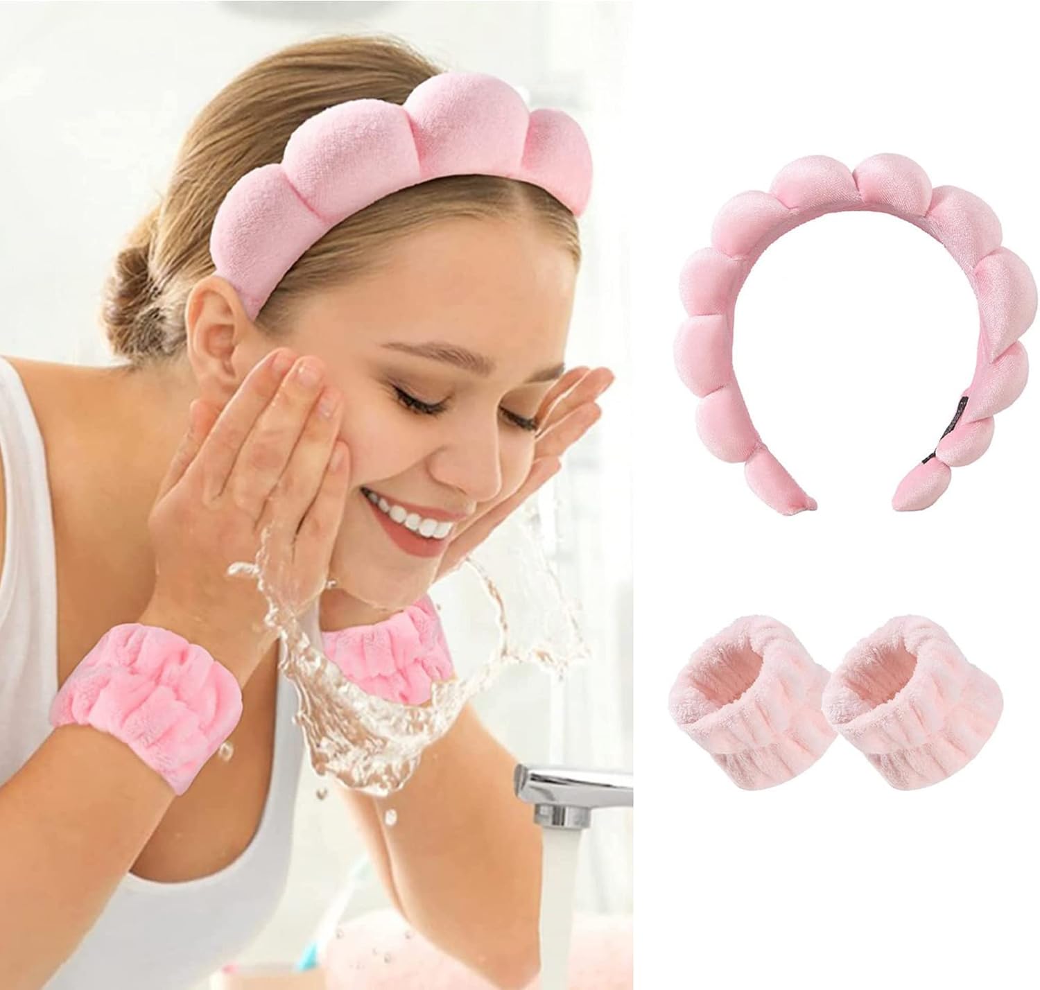 71mAZ810ZuL._AC_SL1500_ شريط راس سبا للنساء - شريط راس لغسل الوجه والمكياج والعناية بالبشرة والاستحمام واكسسوارات الشعر - شريط راس اسفنجي وقماش تيري (بينك) - الصورة 2