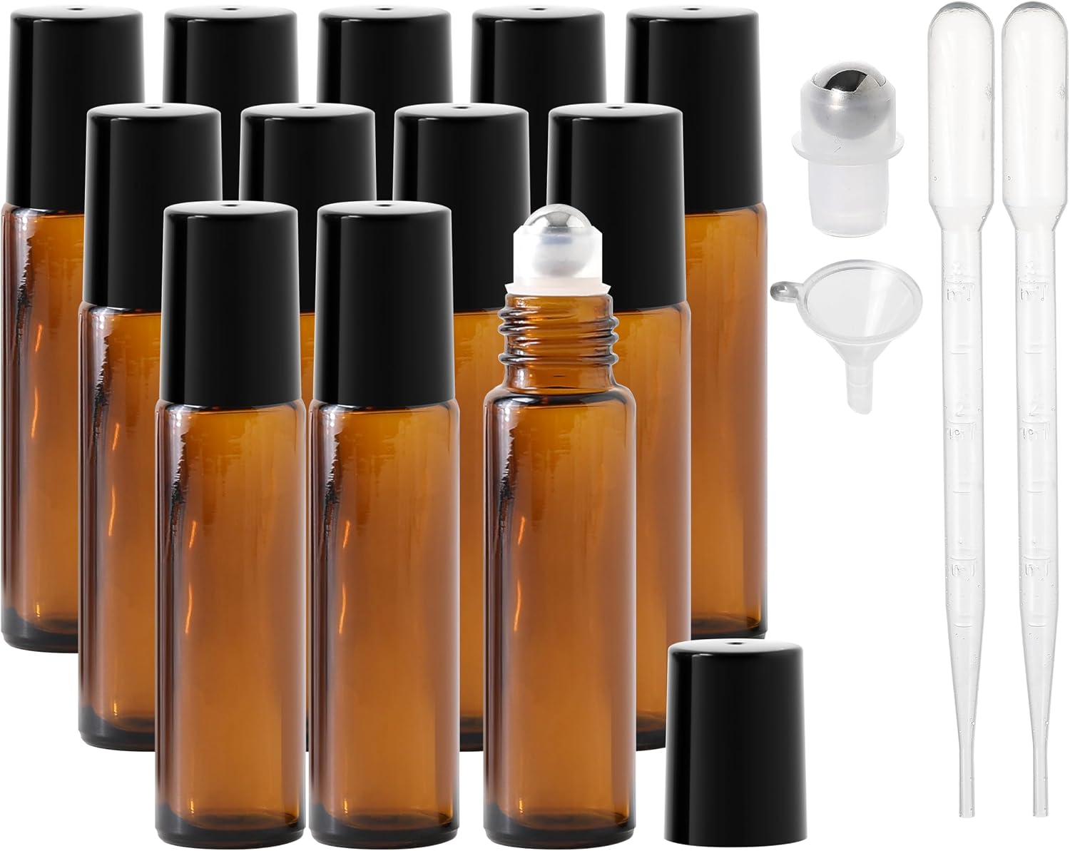 زجاجات دوارة للزيوت العطرية، زجاجات عطر زجاجية سميكة 10 مل مع فتاحة قمع وقطارة، زجاجات فارغة زجاجية ملونة مع كرات دوارة من الستانلس ستيل (بني - غطاء اسود، 12 قطعة)