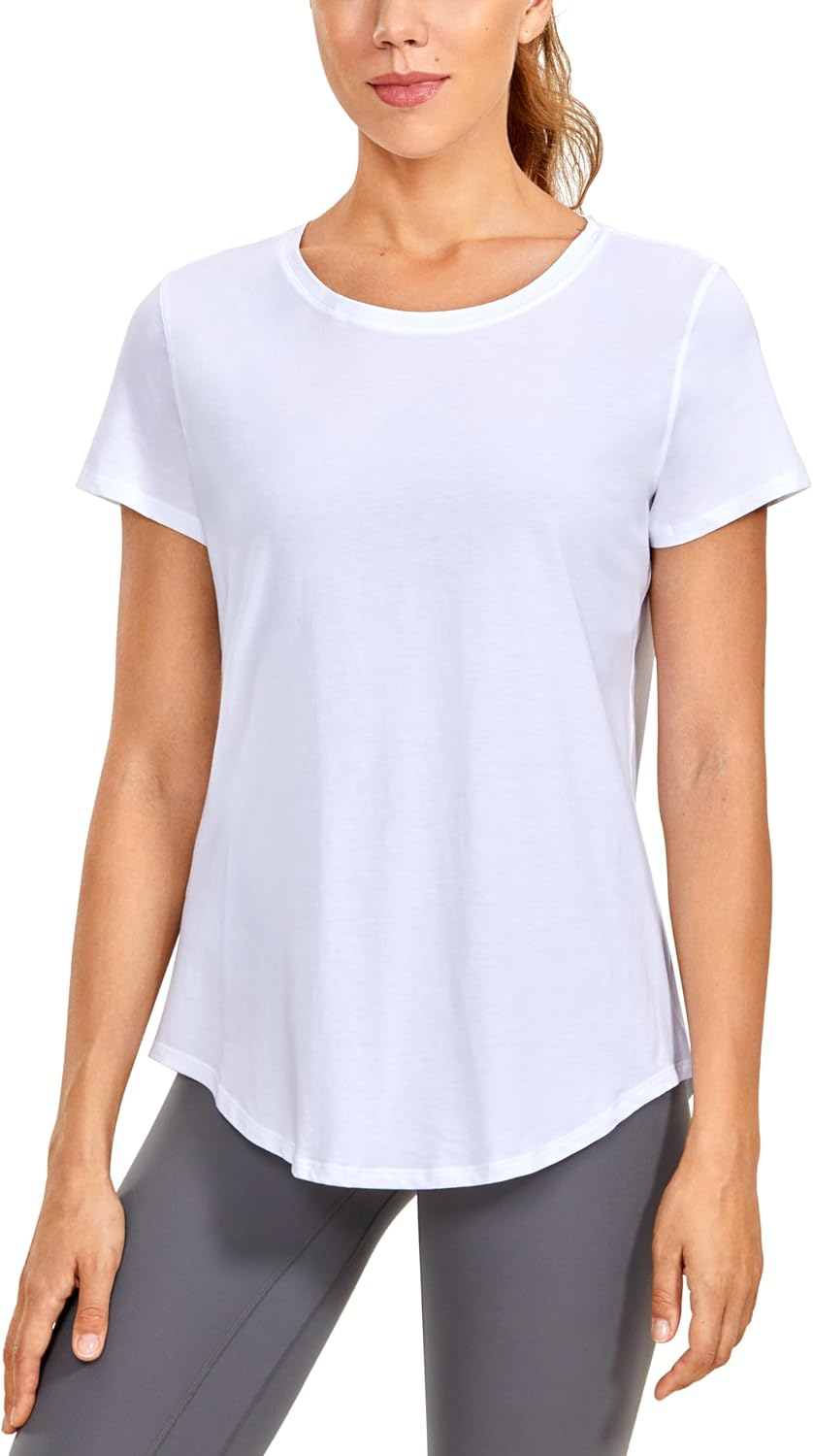 سي ار زد يوجا تي شيرت رياضي للنساء من قطن بيما باكمام قصيرة للتمارين الرياضية واليوغا | Workout, Naturally Soft, Classic Fit, Hip Length, Curved Hem, Short Sleeve Tops for Women