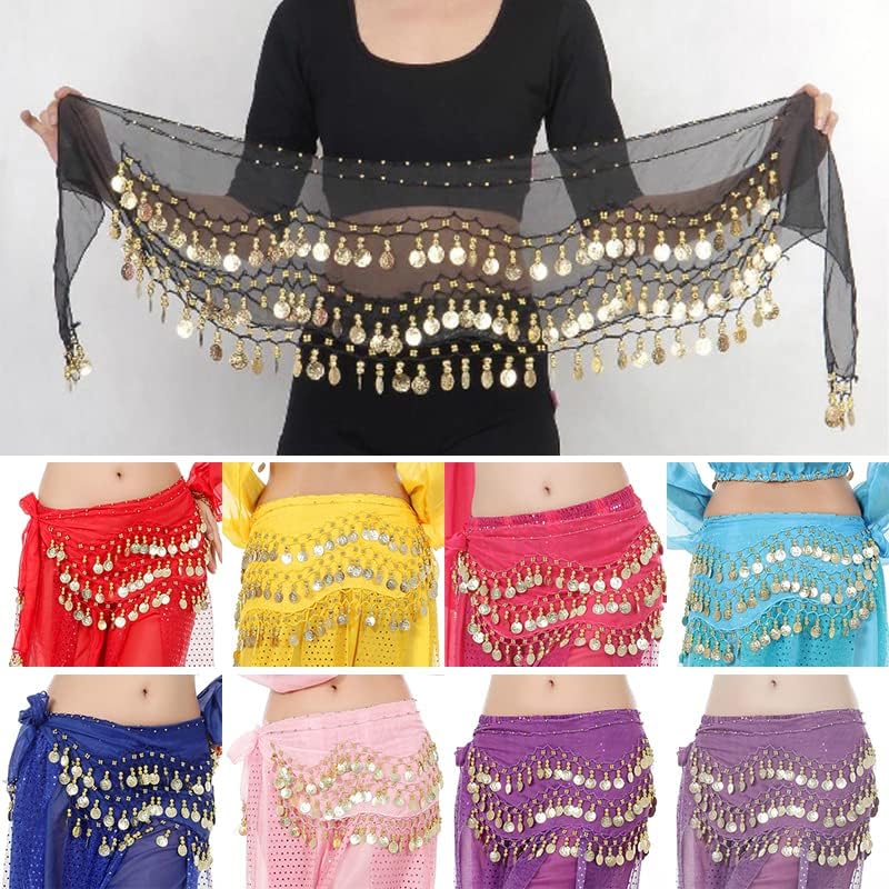 71sI8lfZ7-L._AC_SL1500_ وشاح خصر للرقص الشرقي للنساء مزين بـ 98 عملة ذهبية، تنورة للرقص الشرقي مناسب لليوغا والرقص الشرقي، قطعة واحدة - الصورة 3