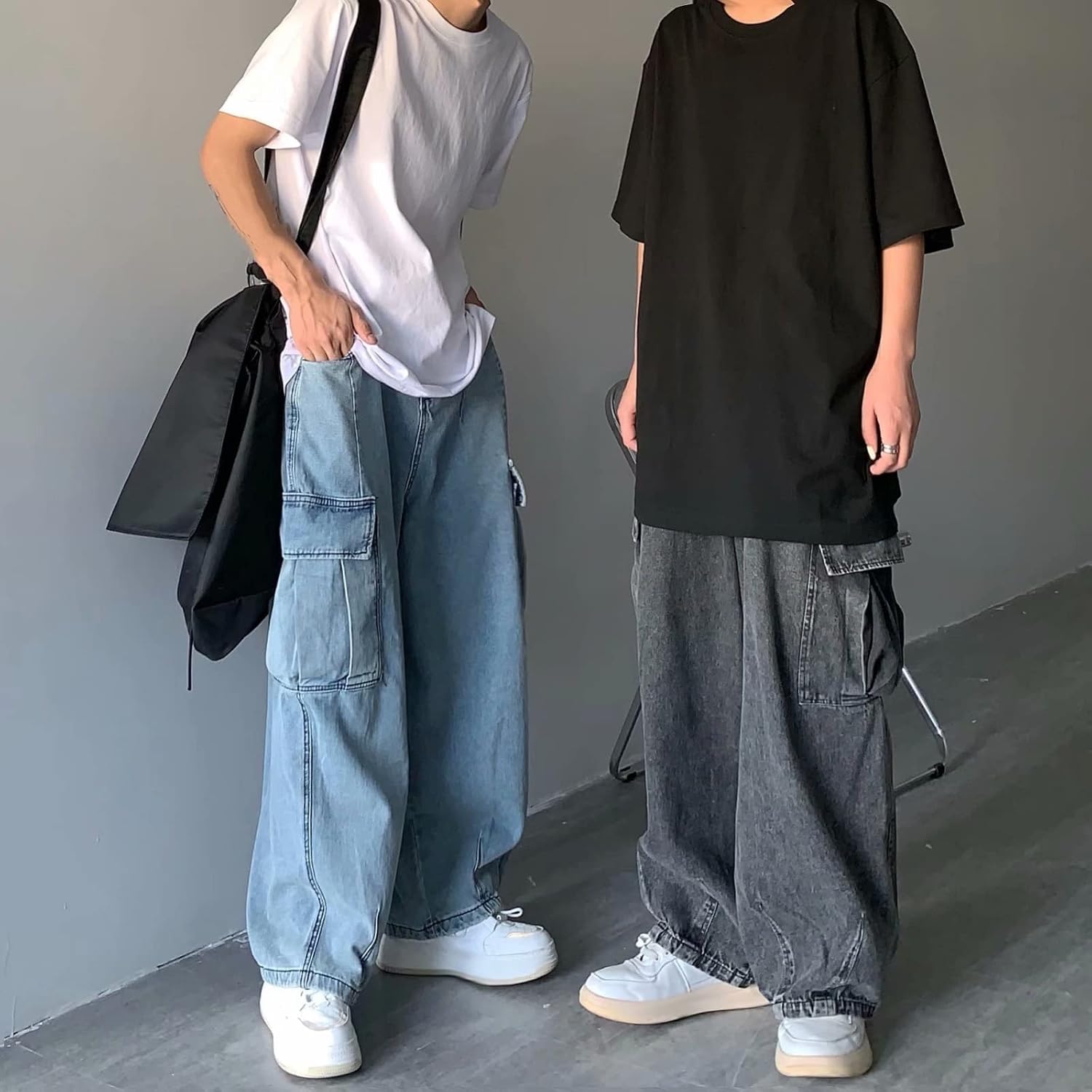71sb2LPU9OL._AC_SL1500_ سروال جينز فضفاض للرجال بقصة بوي فريند هيب هوب هاراجوكو ستريت وير للأولاد والبنات واي 2 كيه، سروال جينز فضفاض بقصة بوت كات وأزرار جينز لمظهر جميل - الصورة 4
