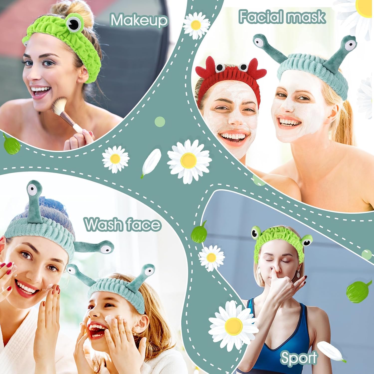 71uDSSZ8xEL._AC_SL1500_ 3 قطع من شريط الرأس لغسل الوجه والمنتجعات الصحية، شريط راس لمكياج النساء، شريط راس مرن من الصوف المرجاني الكرتوني الحلزون الضفدع السلطعون، اكسسوارات شعر مبتكرة للجمال والعناية بالبشرة والاستحمام - الصورة 3