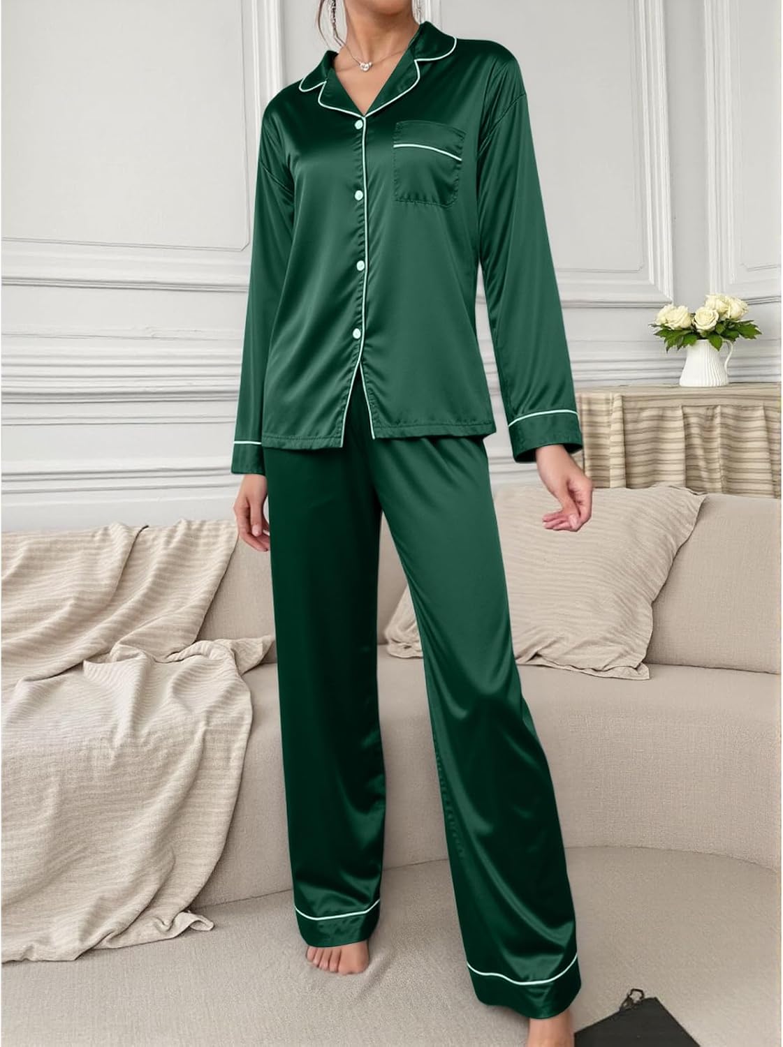 Women’s Silk Satin Pajama Set, Long Sleeve Button Down Sleepwear with Pockets, Classic Piping Loungewear 2 Piece Lounge Pjs