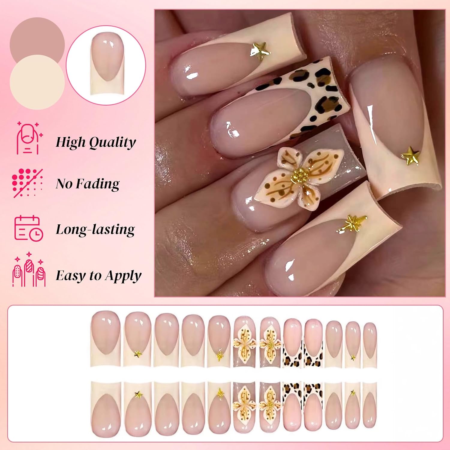 71vVq-cjUlL._AC_SL1500_ Ceboic 24 Pcs Square Fake Nails, Medium Length White French Press on Nails, Pink Nude Acrylic Fake Nails, Leopard Print Flowers Natural Stars Press on Nails for Women Girls - الصورة 2