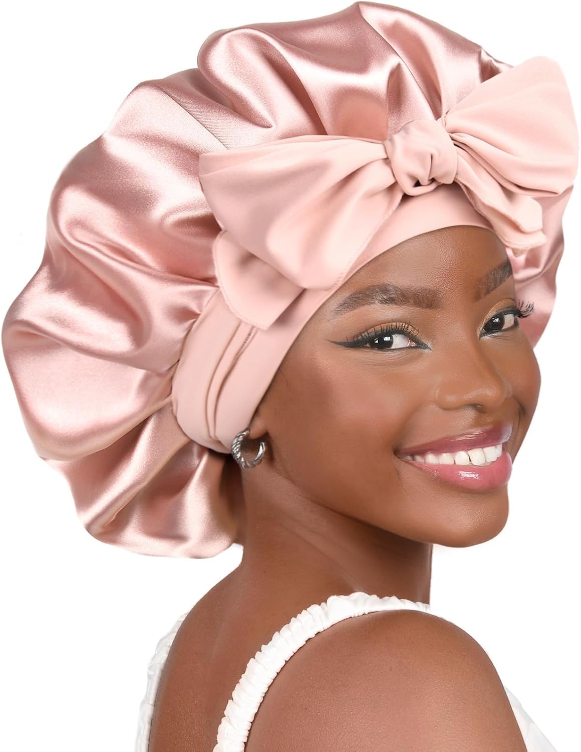 يانبيست بونيه من الساتان الحريري للنوم بطبقة مزدوجة مبطنة بالساتان مع ربطة عنق للنساء | Reduce friction, Prevent Frizz for Natural Wave Curly Hair, Non-slip Tie Band, Breathable Comfortable Silk Feeling Sleep Cap