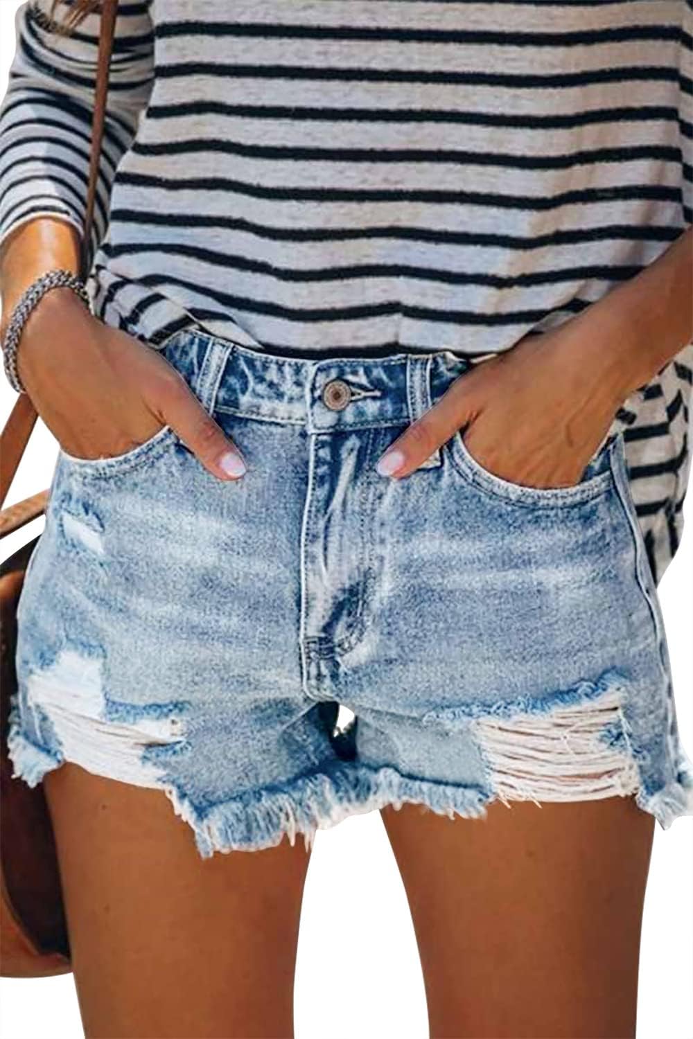 شورت جينز دينيم للنساء ممزق بخصر عالٍ صيفي كاجوال قصير من اونلي باف