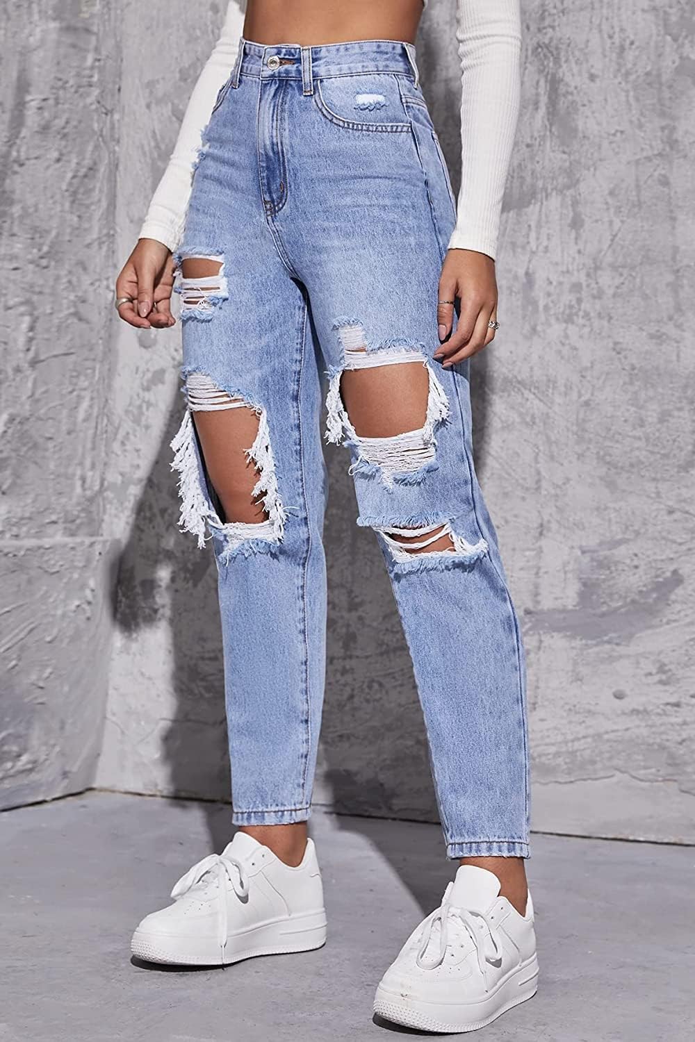 71xSaz2AcuL._AC_SL1500_ سروال جينز ممزق بخصر مرتفع وقصة ساق مستقيمة للنساء من الينومين - الصورة 2