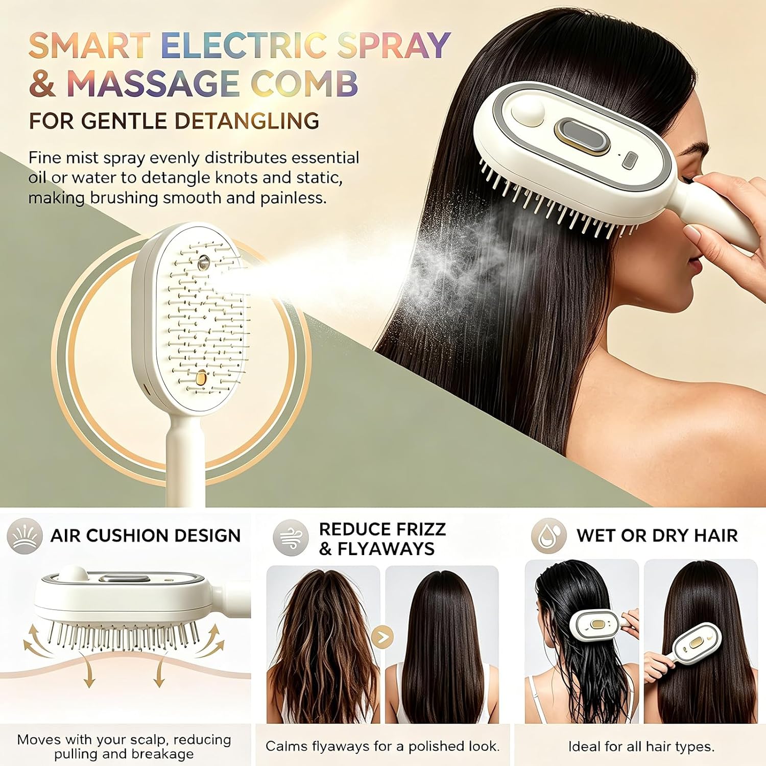 812BoN5C-EL._AC_SL1500_ فرشاة بخار كهربائية للشعر من موسيلونز مع نفاثة مياه مدمجة، مشط تدليك كهربائي قابل لاعادة الشحن لفك تشابك الشعر ومضاد للكهرباء الساكنة وتقليل التجعد وتغذية الشعر (بيج) - الصورة 4