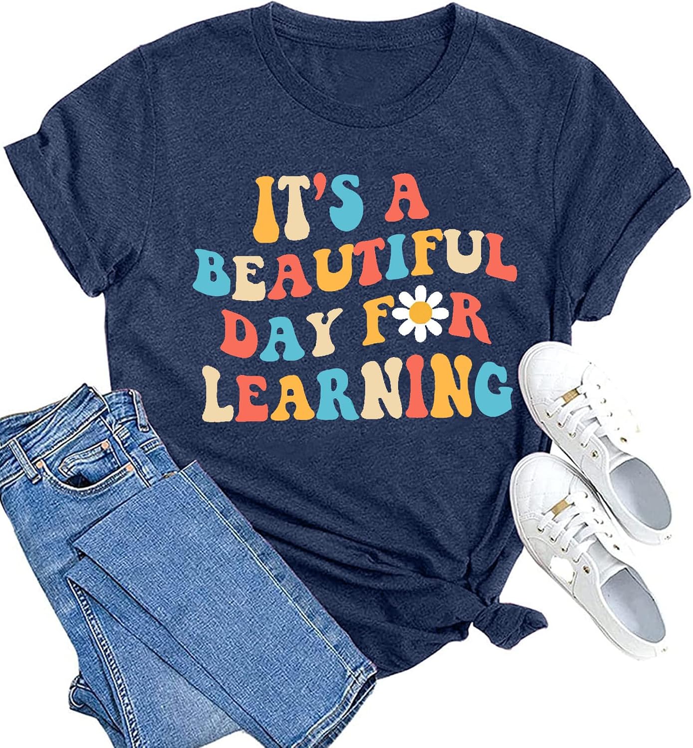 8131IKqZVdL._AC_SL1500_ تي شيرت نسائي للمعلمين مطبوع عليه عبارة «It's a Beautiful Day for Learning» تيشيرت كاجوال هدية تقدير للمعلمين - الصورة 3