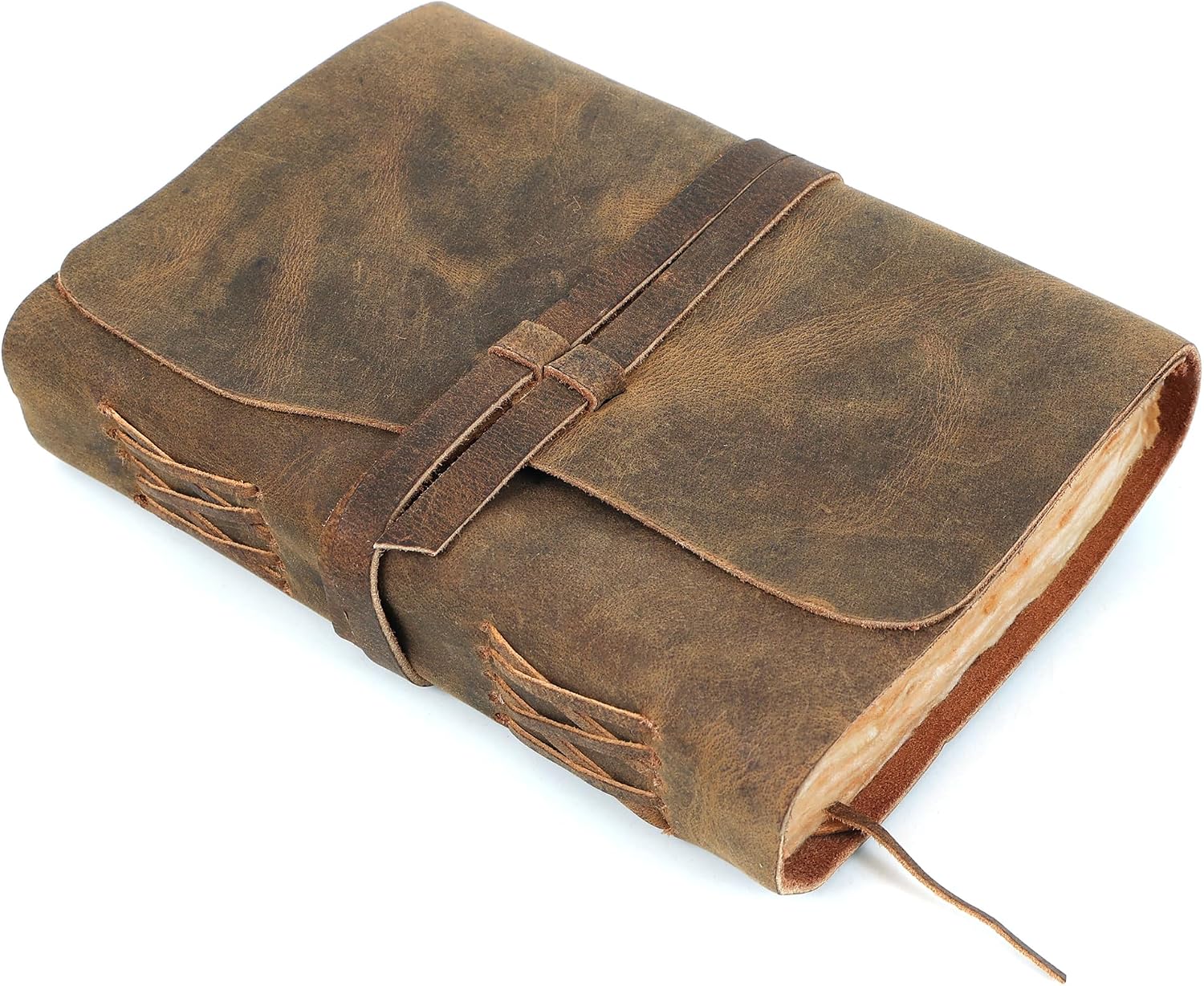 ELIZO Vintage Leather Bound Journal for Men & Women, Book of Shadows Grimoire Journal, Strap Closure-200 Handmade Deckle Edge Pages Genuine Leather Sketchbook Notebook, Teak Brown, 5X7 Inches