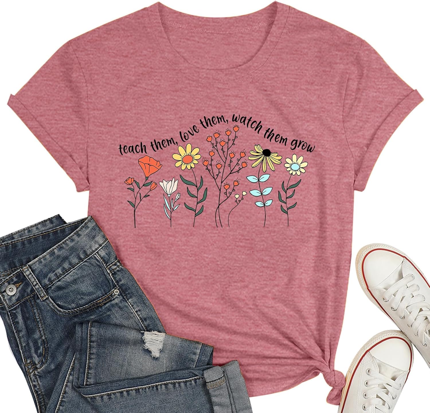 تي شيرت نسائي مطبوع عليه صورة لطيفة مضحكة مطبوع عليه Teach Them Watch Them Grow Wildflower كم قصير ملهم