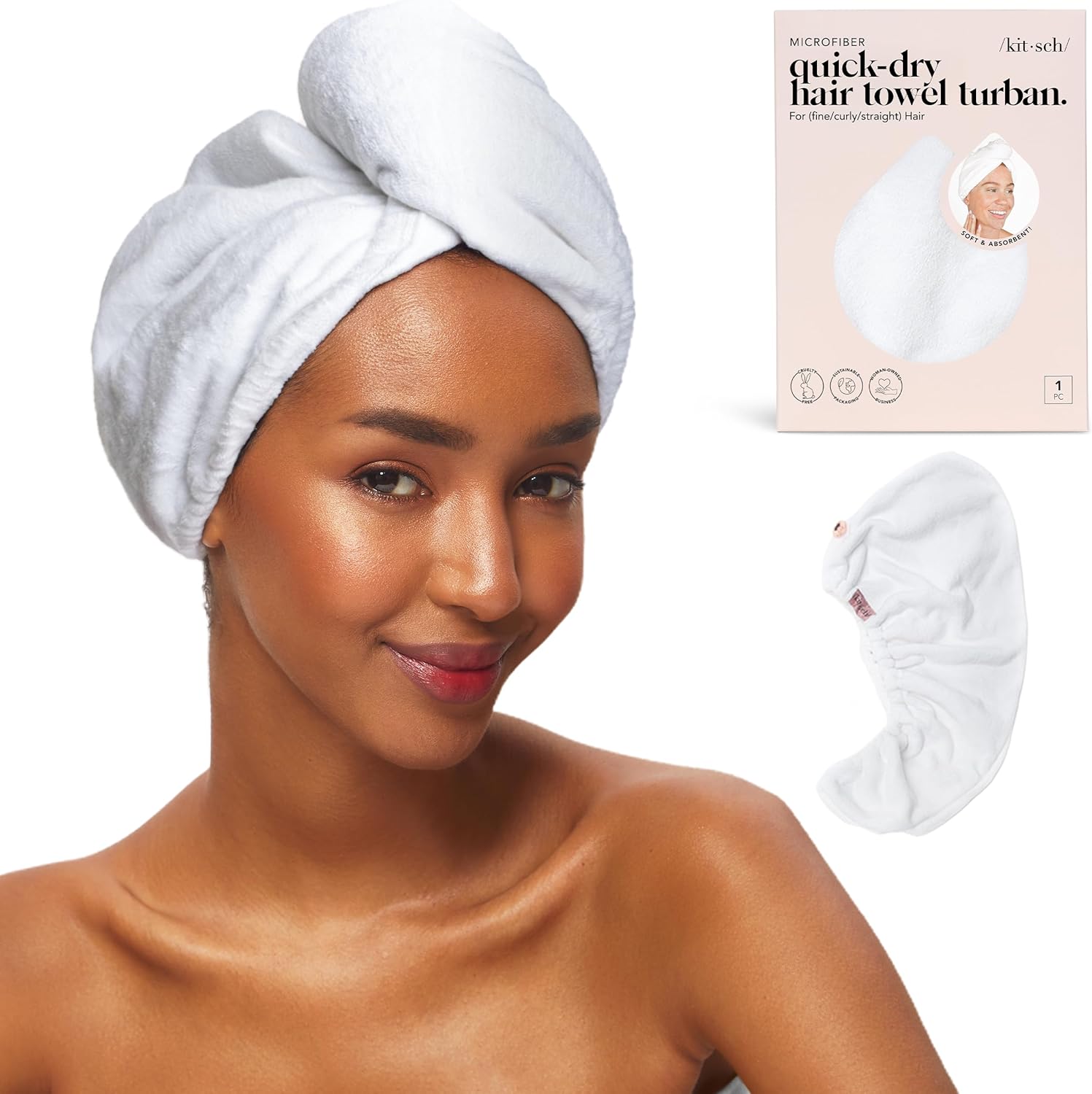 Kitsch Microfiber Hair Towel Wrap - Quick Dry Curly Hair Wraps for Women Wet Hair | Microfiber Towel for Hair | Hair Drying Towel Wrap | Hair Towels for Women | Hair Turban for Wet Hair (White) | Ultra Absorbent Microfiber Hair Towels for All Hair Types – Anti-Frizz Hair Wrap Towels, Great Hair Care Gifts for Women