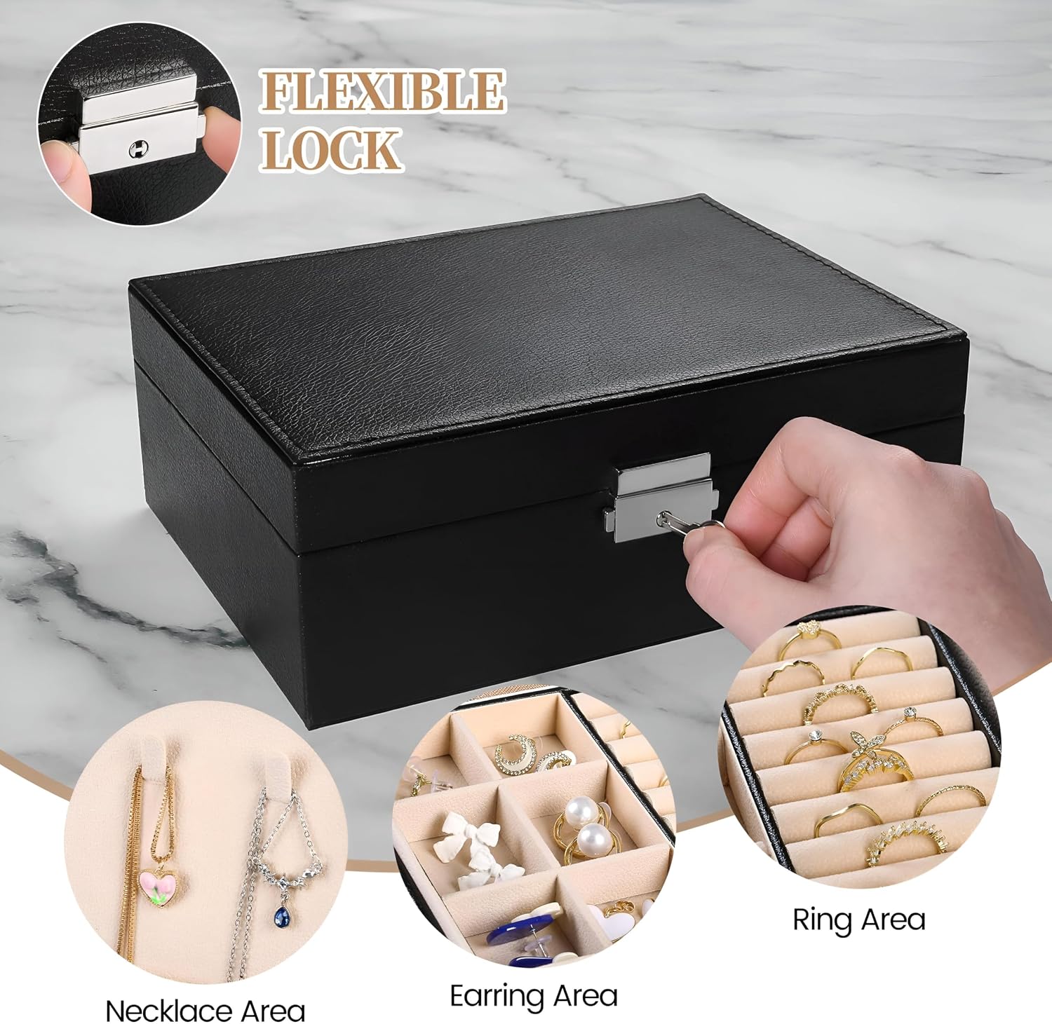 81LMcVaceyL._AC_SL1500_ صندوق منظم اكسسوارات - حاوية تخزين مجوهرات من طابقين للنساء، هدية قيمة مع صينية قابلة للازالة لجميع مجوهراتك، جلد صناعي - الصورة 4