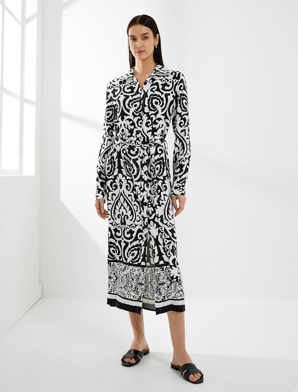 81Mfzle603L._AC_SL1500_ KOTON womens Long Sleeve Buttoned Belted Ethnic Patterned Midi Dress - الصورة 4