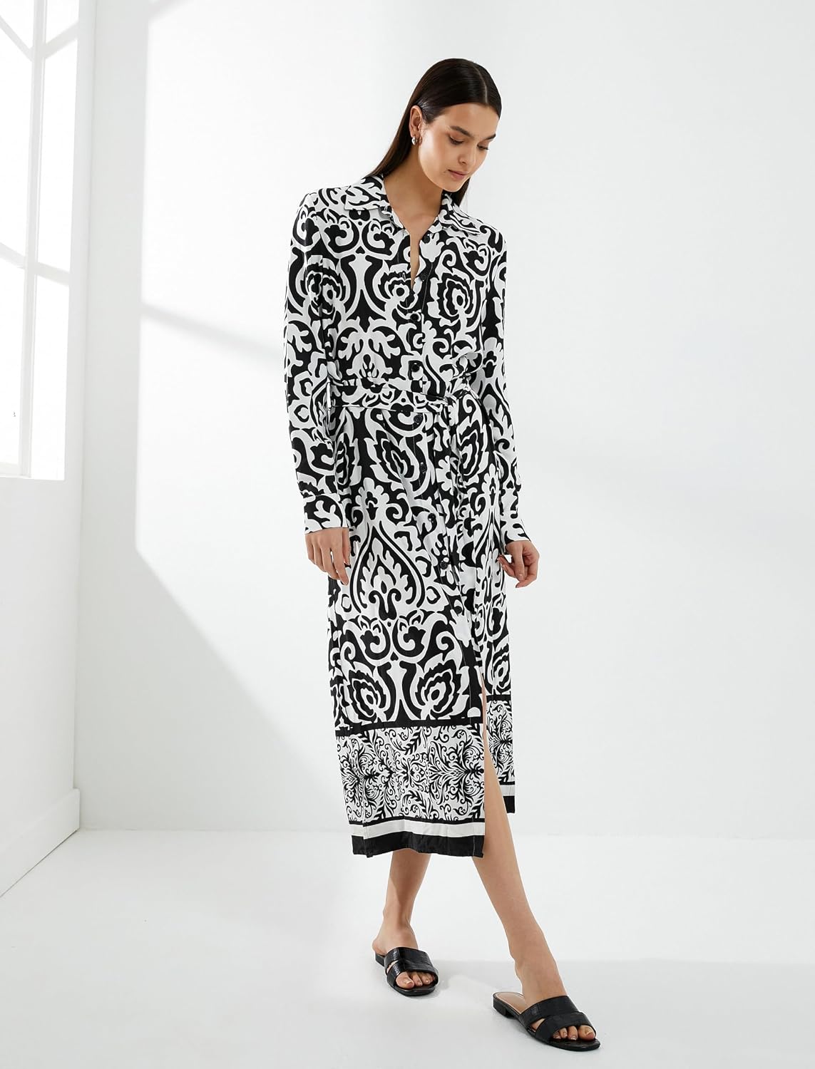 81QAFMxSJRL._AC_SL1500_ KOTON womens Long Sleeve Buttoned Belted Ethnic Patterned Midi Dress - الصورة 3